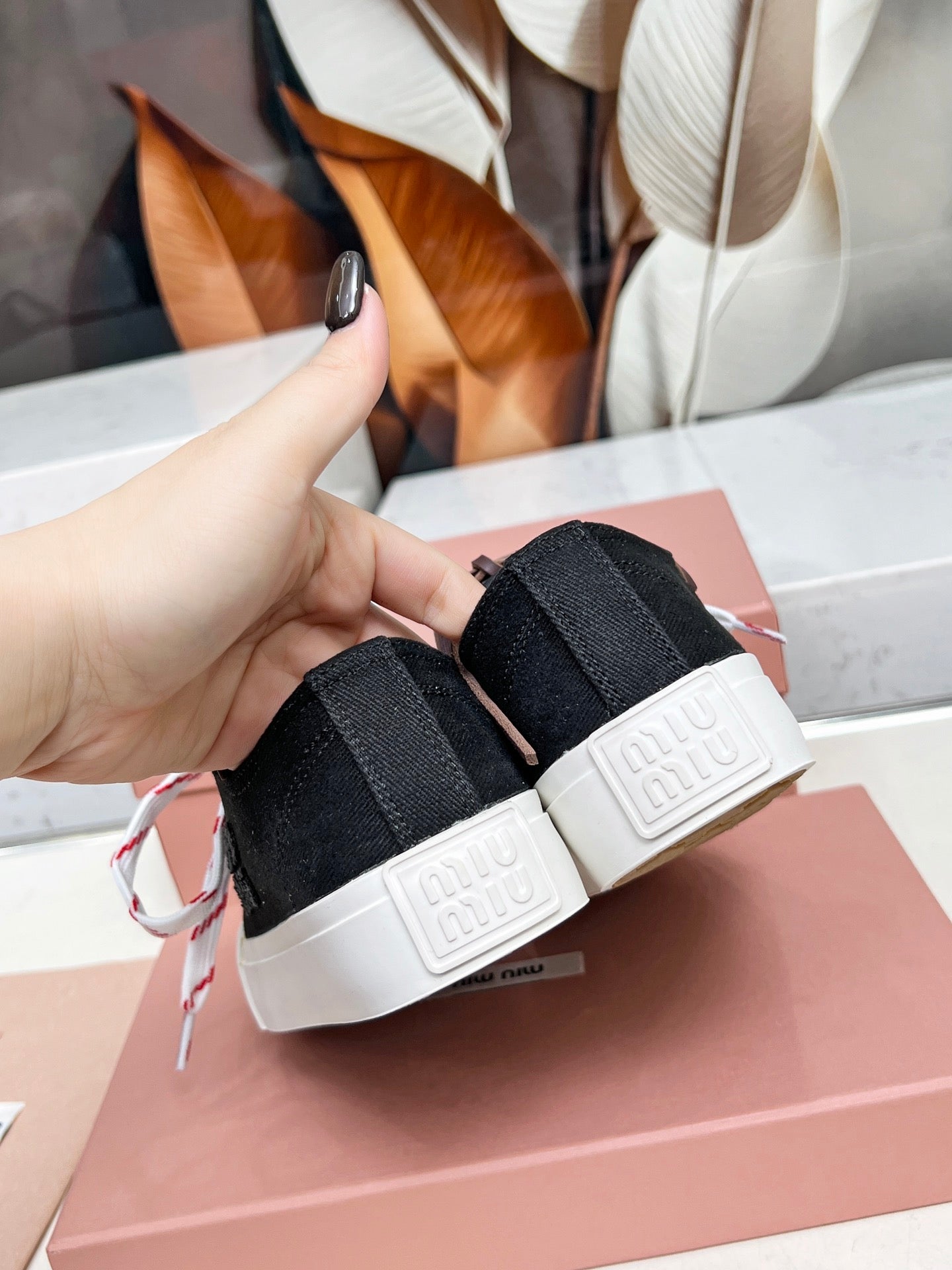 WASHED-DENIM SNEAKERS IN BLACK CANVAS WITH BROWN AND STRIPED LACES - 35