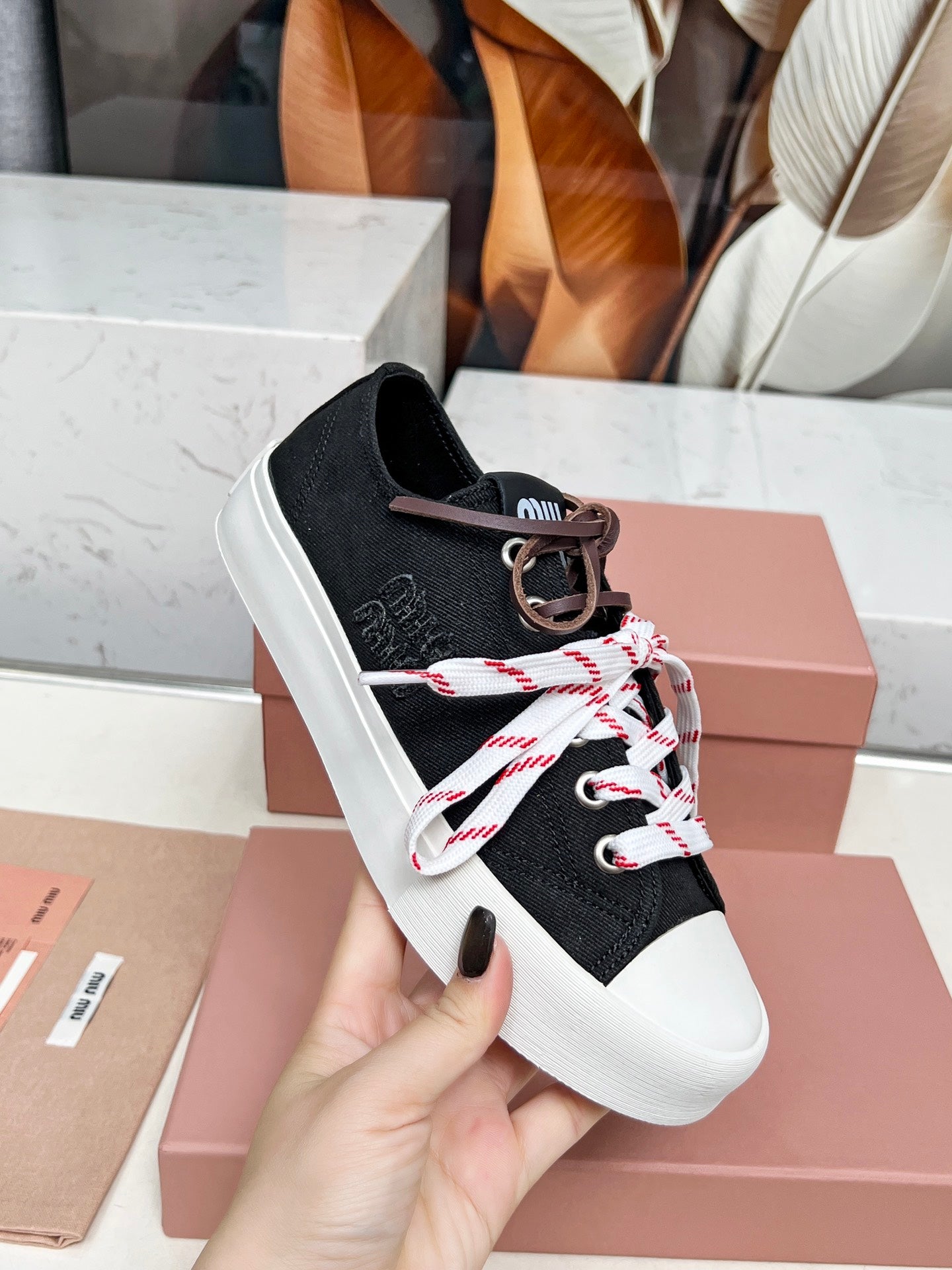 WASHED-DENIM SNEAKERS IN BLACK CANVAS WITH BROWN AND STRIPED LACES - 35