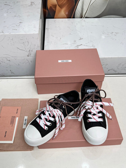 WASHED-DENIM SNEAKERS IN BLACK CANVAS WITH BROWN AND STRIPED LACES - 35
