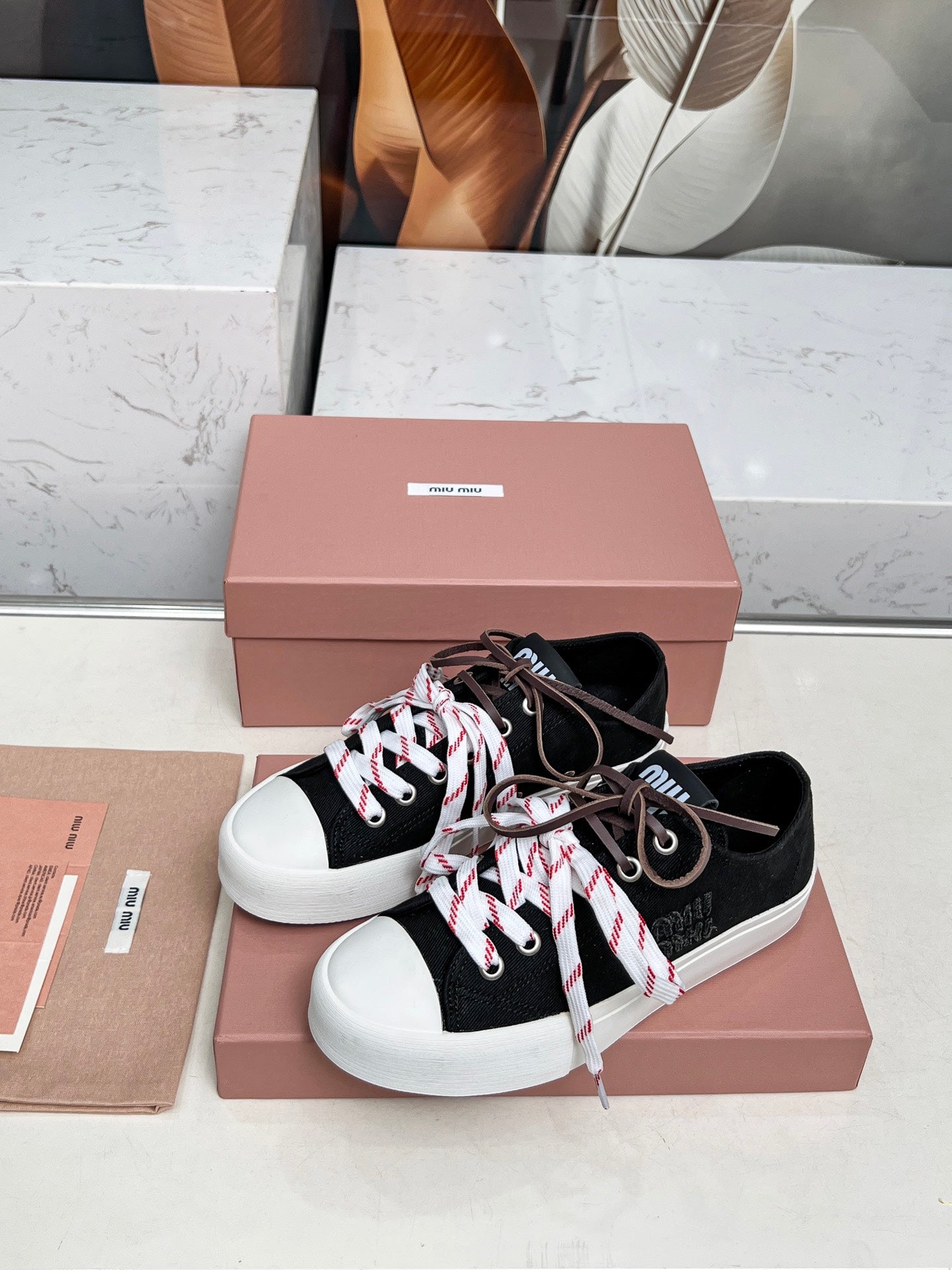 WASHED-DENIM SNEAKERS IN BLACK CANVAS WITH BROWN AND STRIPED LACES - 35