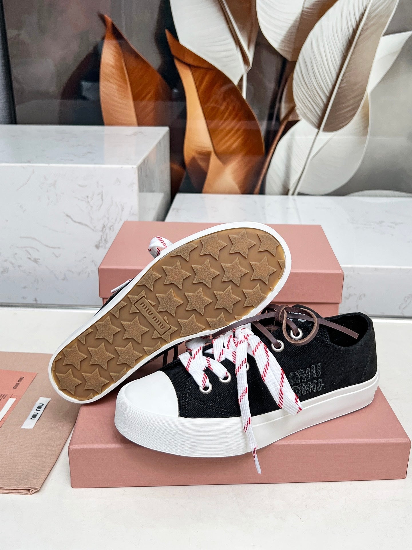 WASHED-DENIM SNEAKERS IN BLACK CANVAS WITH BROWN AND STRIPED LACES - 35