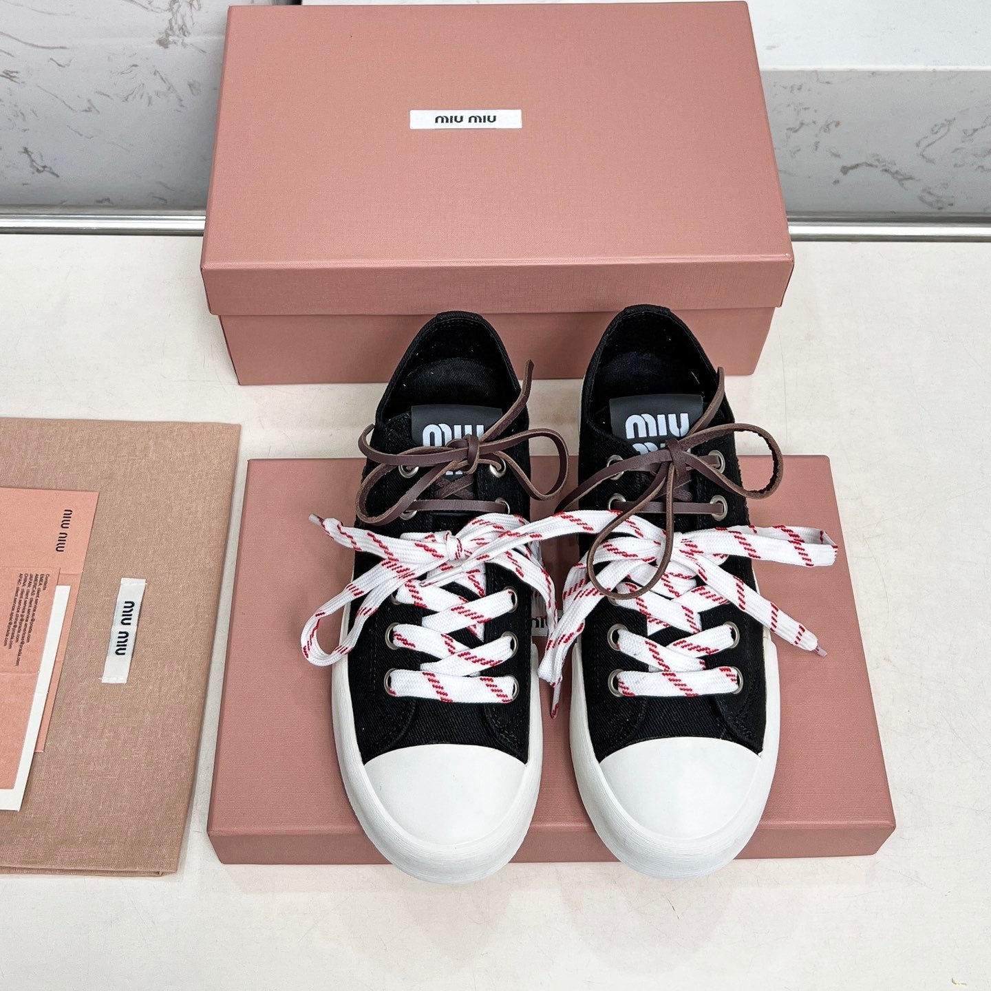 WASHED-DENIM SNEAKERS IN BLACK CANVAS WITH BROWN AND STRIPED LACES - 35