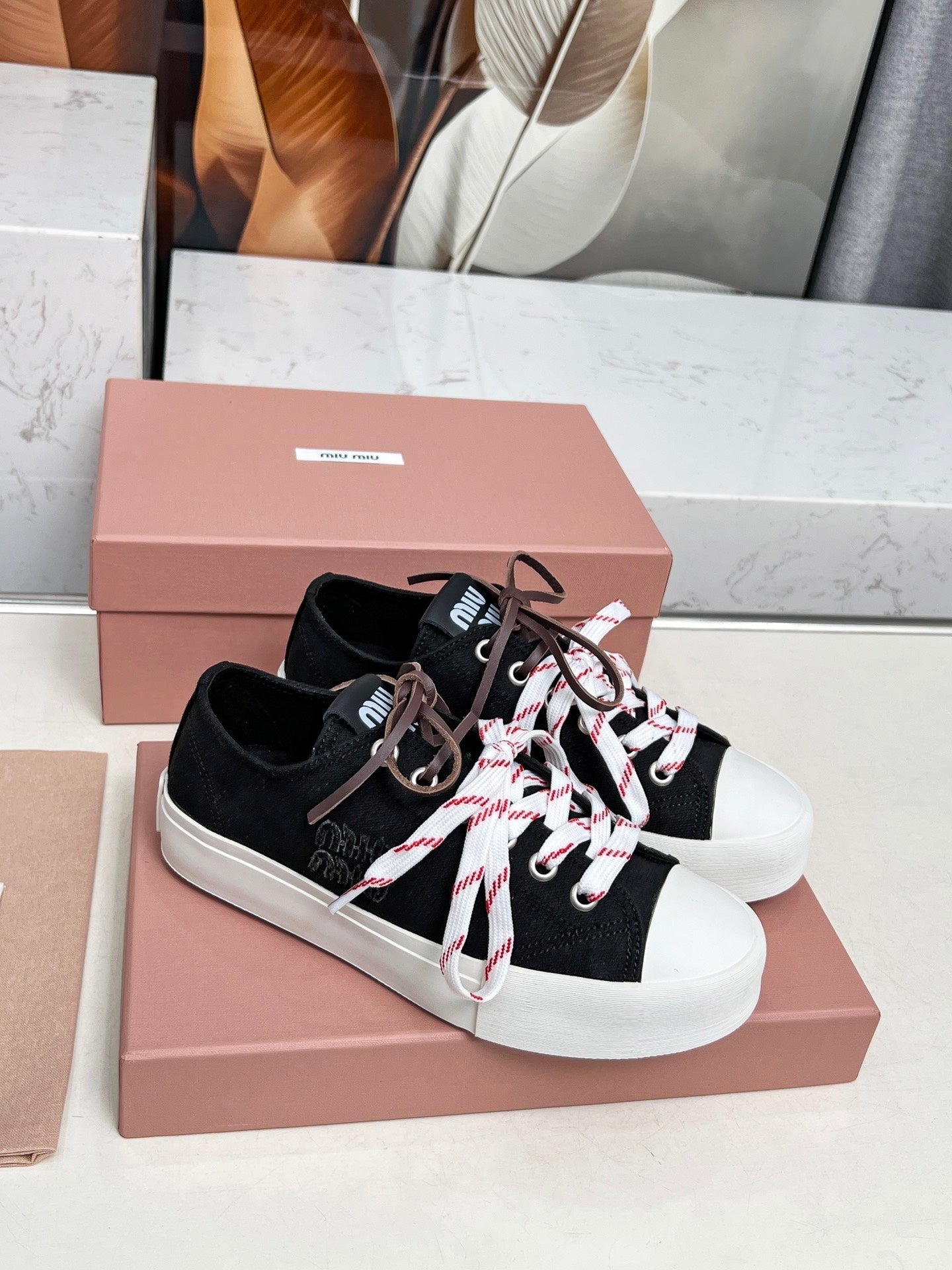 WASHED-DENIM SNEAKERS IN BLACK CANVAS WITH BROWN AND STRIPED LACES - 35