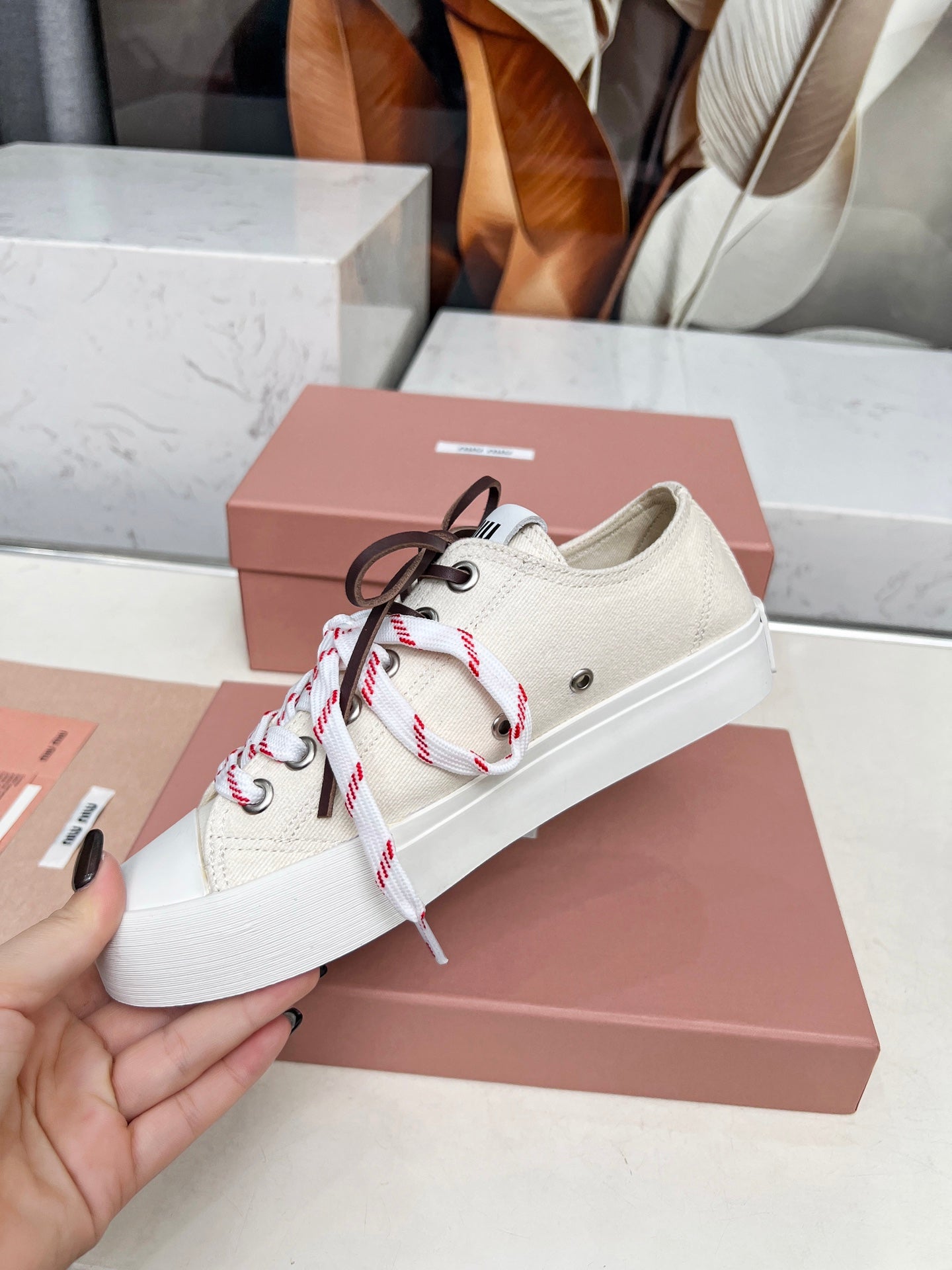 WASHED-DENIM SNEAKERS IN OFF WHITE CANVAS WITH BROWN AND STRIPED LACES - 35