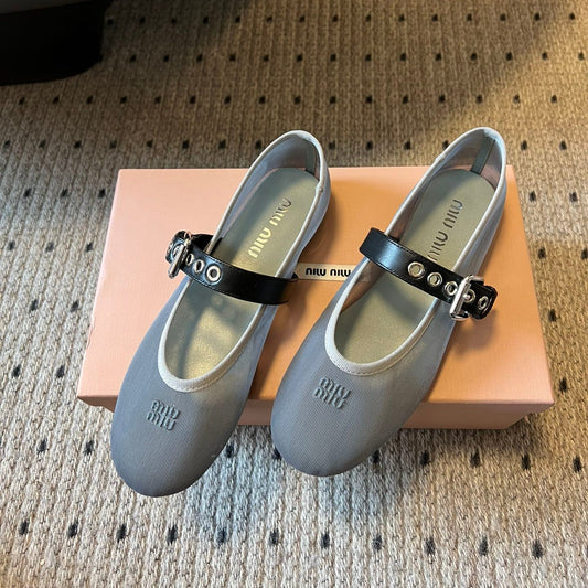 БАЛЕТКИ MIUMIU 26S З СІТЧАСТОЇ ТКАНИНИ КОЛЬОРУ АЛЮМІНІЄВИЙ СІРИЙ