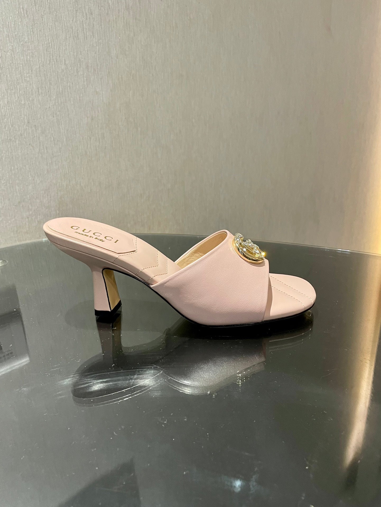 GG HIGH HEELS 70 IN PASTEL PINK LAMBSKIN GOLD HARDWARE WITH CRYSTALS - 35