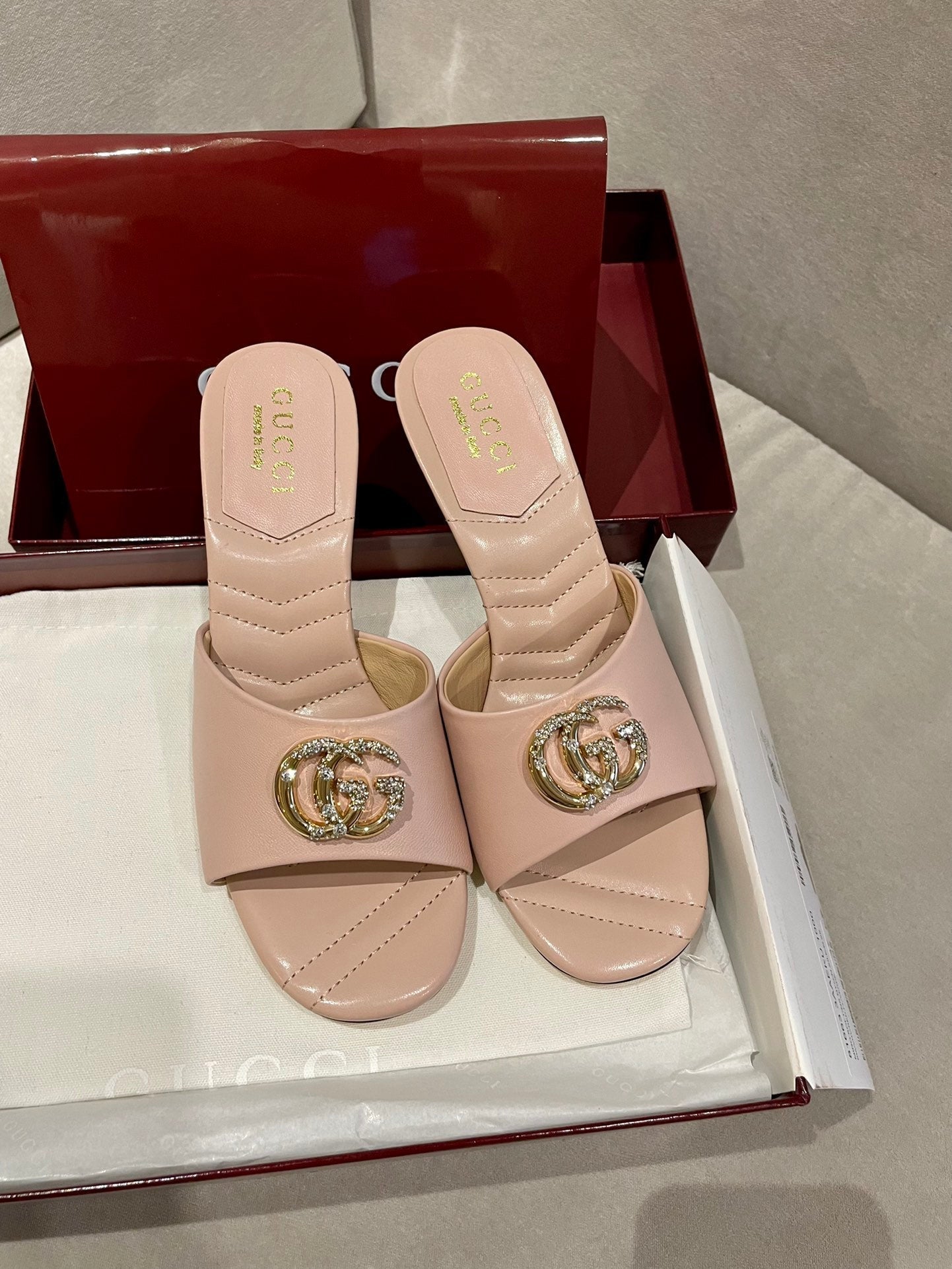 GG HIGH HEELS 70 IN PASTEL PINK LAMBSKIN GOLD HARDWARE WITH CRYSTALS - 35