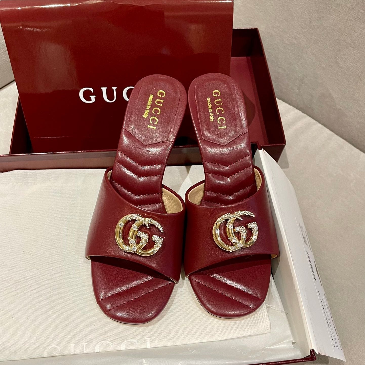 GG HIGH HEELS 70 IN RED LAMBSKIN GOLD HARDWARE WITH CRYSTALS - 35