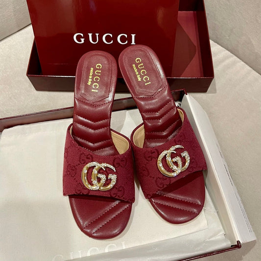 GG HIGH HEELS 70 IN RED LAMBSKIN AND FABRIC GOLD HARDWARE WITH CRYSTALS - 35
