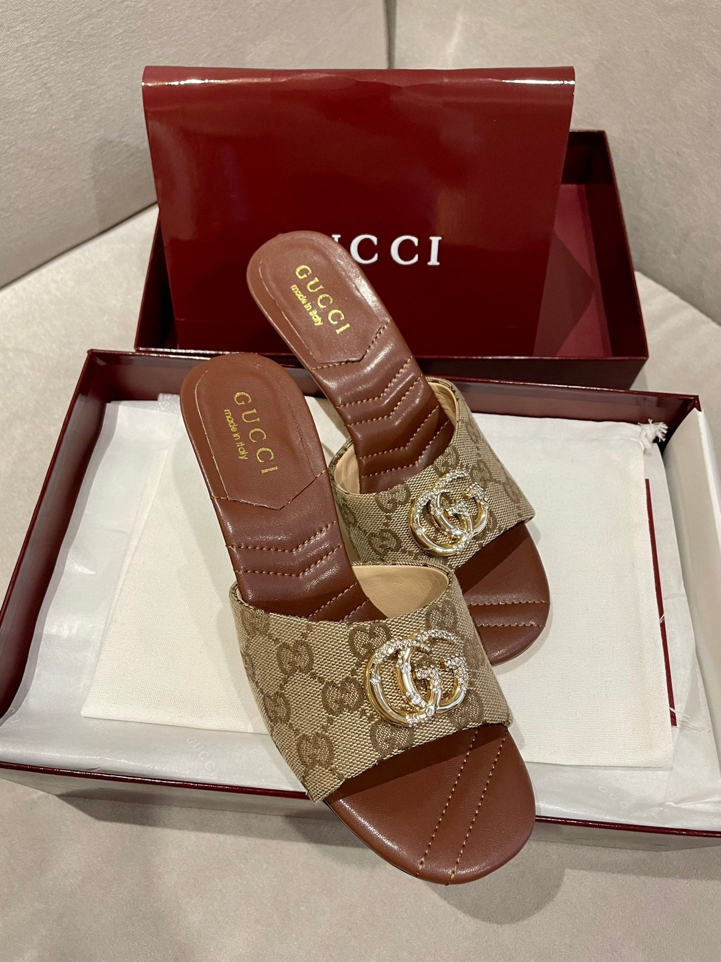 GG HIGH HEELS 70 IN BROWN LAMBSKIN GOLD HARDWARE WITH CRYSTALS - 35