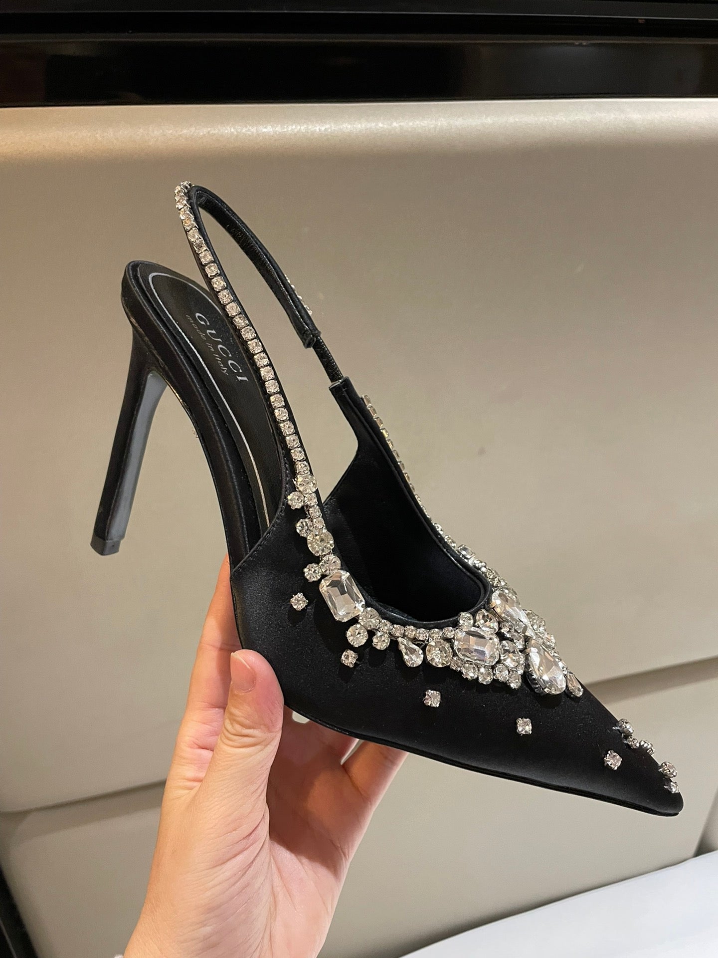 GG HIGH SLINGBACK 105 IN BLACK SATIN WITH CRYSTAL DIAMONDS - 35
