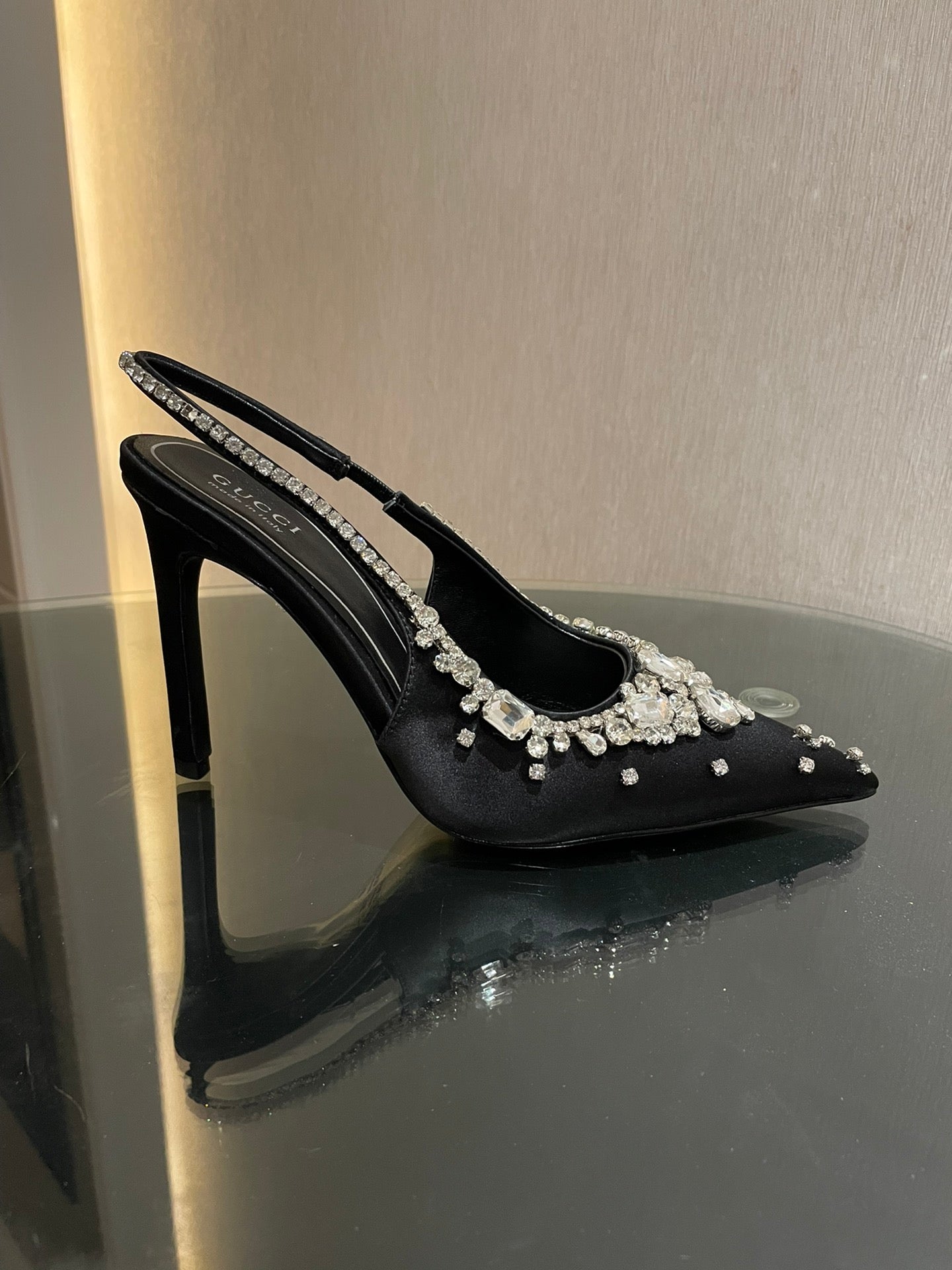 GG HIGH SLINGBACK 105 IN BLACK SATIN WITH CRYSTAL DIAMONDS - 35