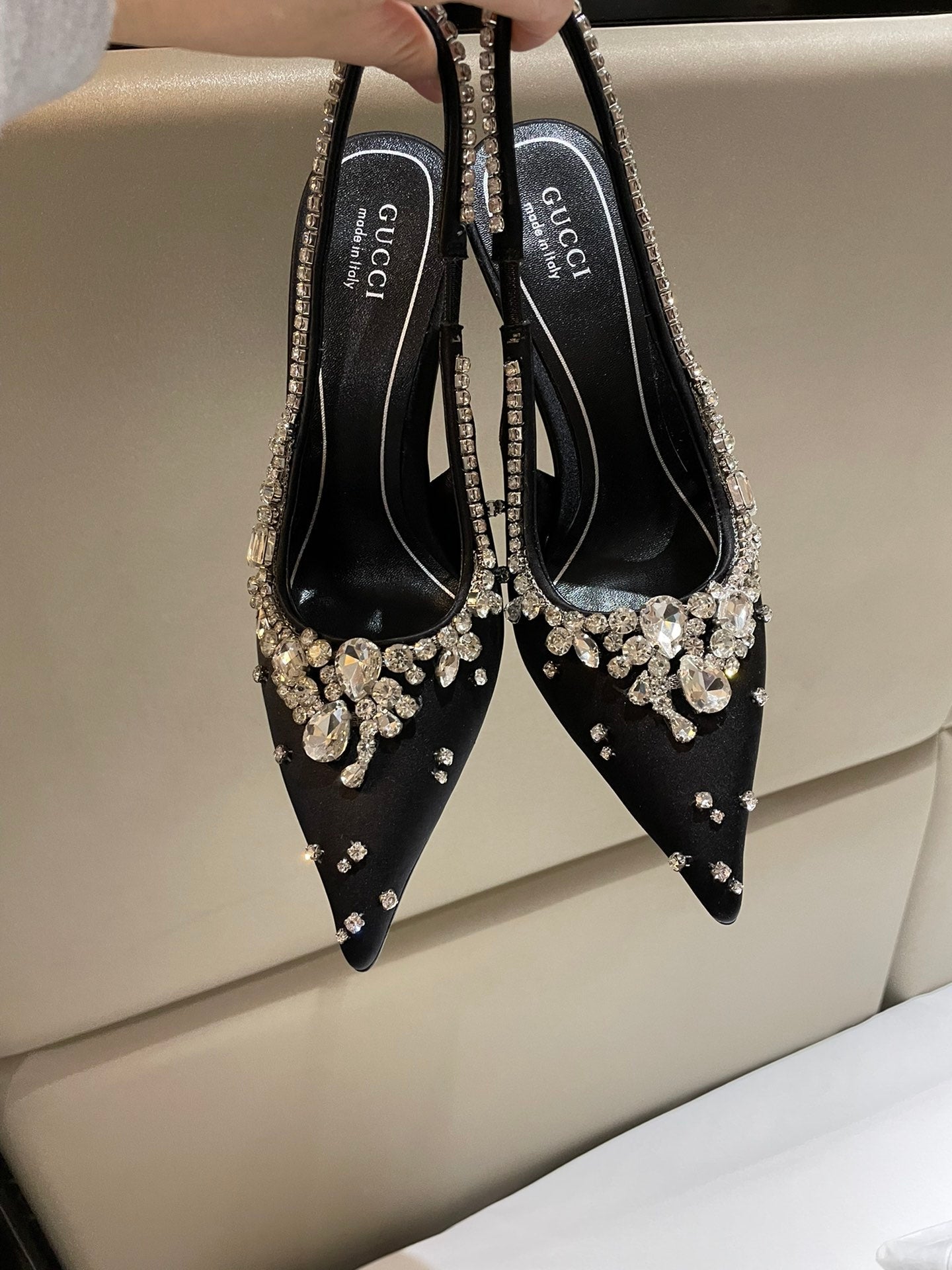 GG HIGH SLINGBACK 105 IN BLACK SATIN WITH CRYSTAL DIAMONDS - 35