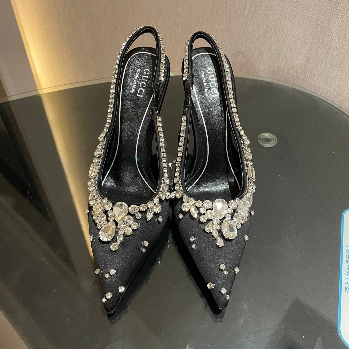 GG HIGH SLINGBACK 105 IN BLACK SATIN WITH CRYSTAL DIAMONDS - 35