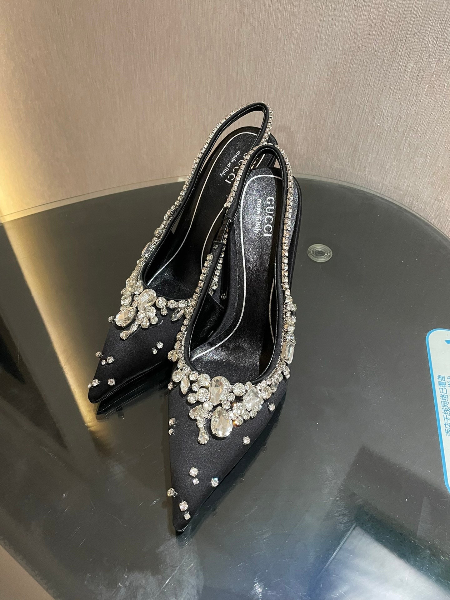 GG HIGH SLINGBACK 105 IN BLACK SATIN WITH CRYSTAL DIAMONDS - 35