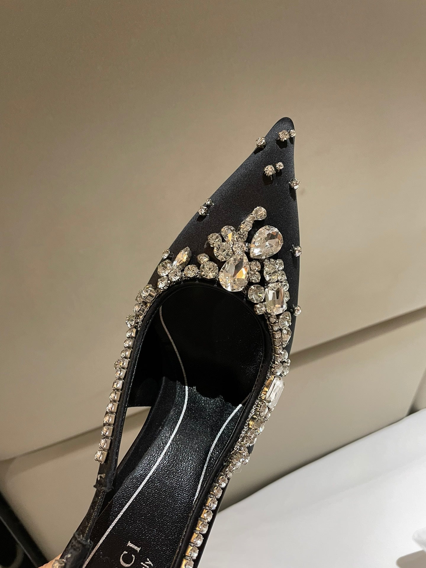 GG HIGH SLINGBACK 105 IN BLACK SATIN WITH CRYSTAL DIAMONDS - 35