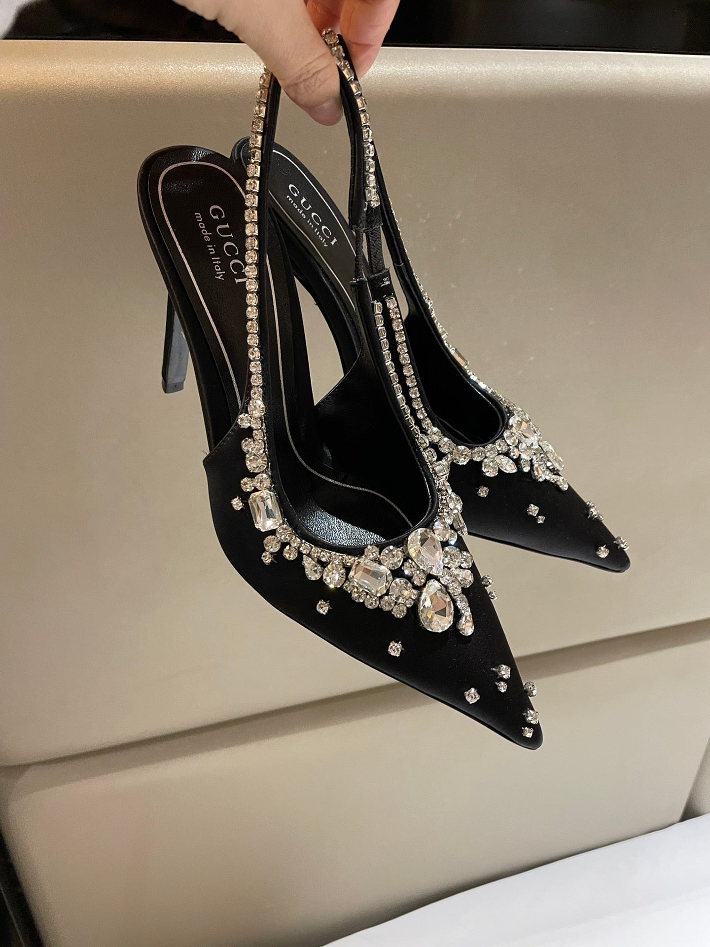 GG HIGH SLINGBACK 105 IN BLACK SATIN WITH CRYSTAL DIAMONDS - 35