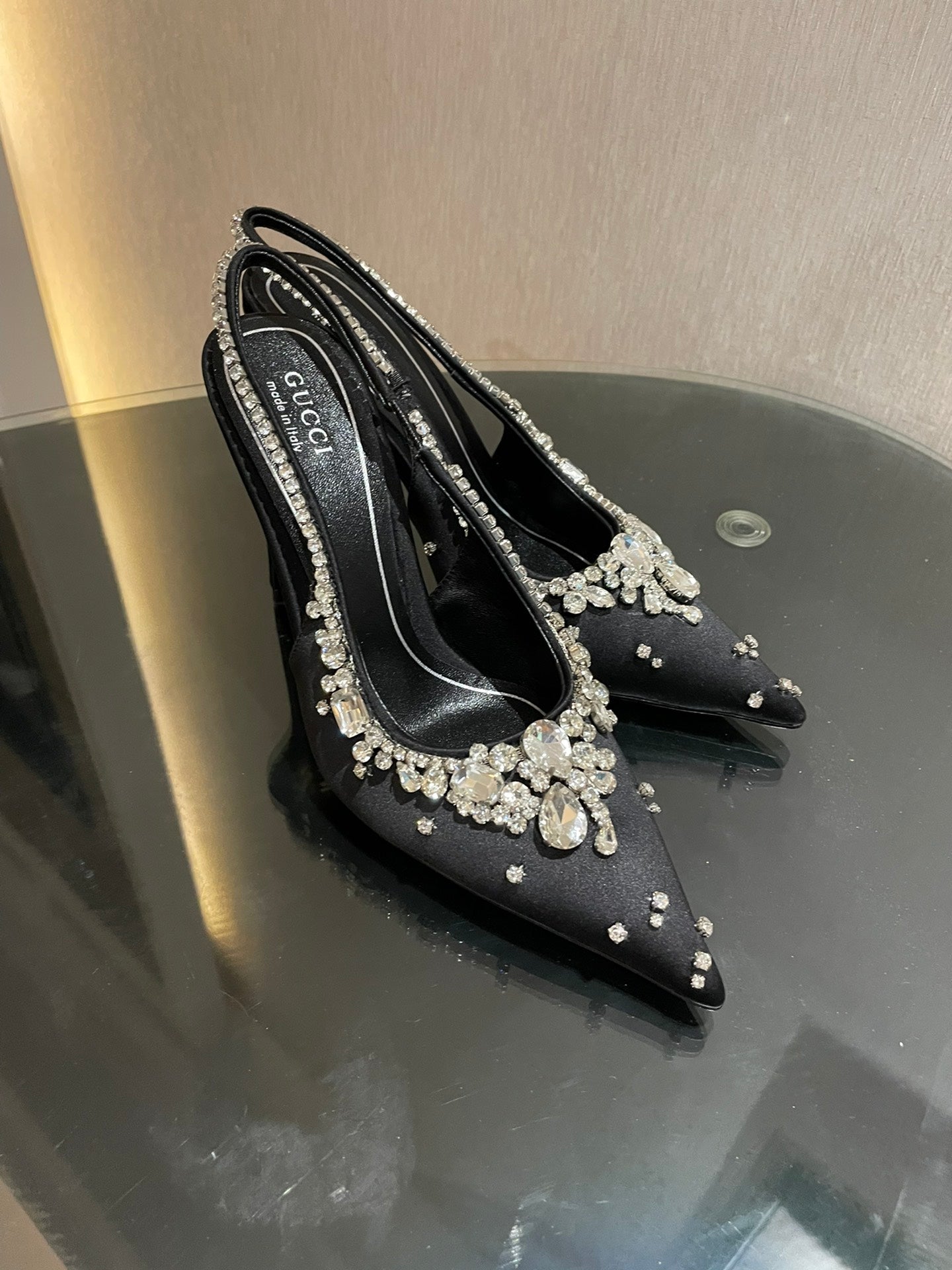 GG HIGH SLINGBACK 105 IN BLACK SATIN WITH CRYSTAL DIAMONDS - 35