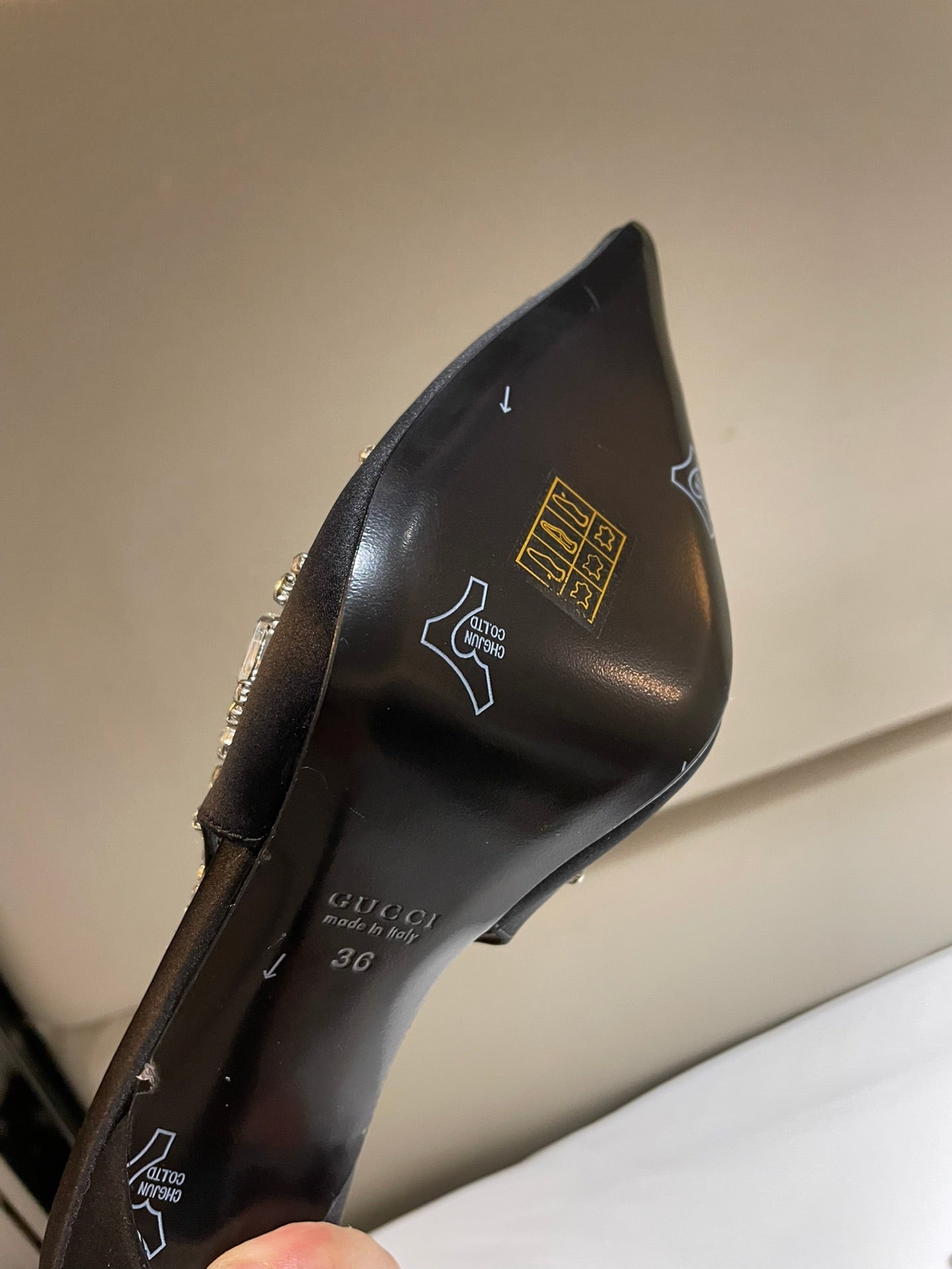 GG HIGH SLINGBACK 105 IN BLACK SATIN WITH CRYSTAL DIAMONDS - 35