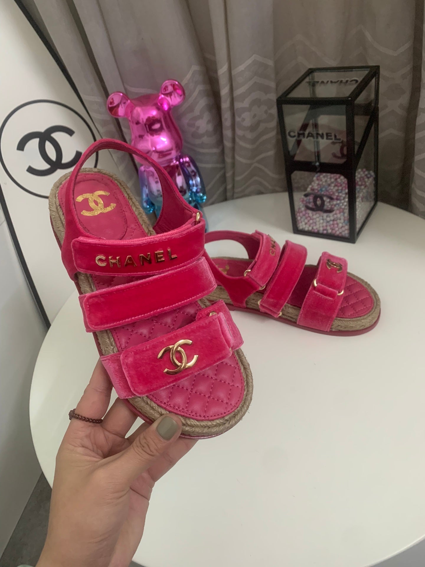 CC DAD SANDALS IN HOT PINK VELVET AND CALFSKIN - 35