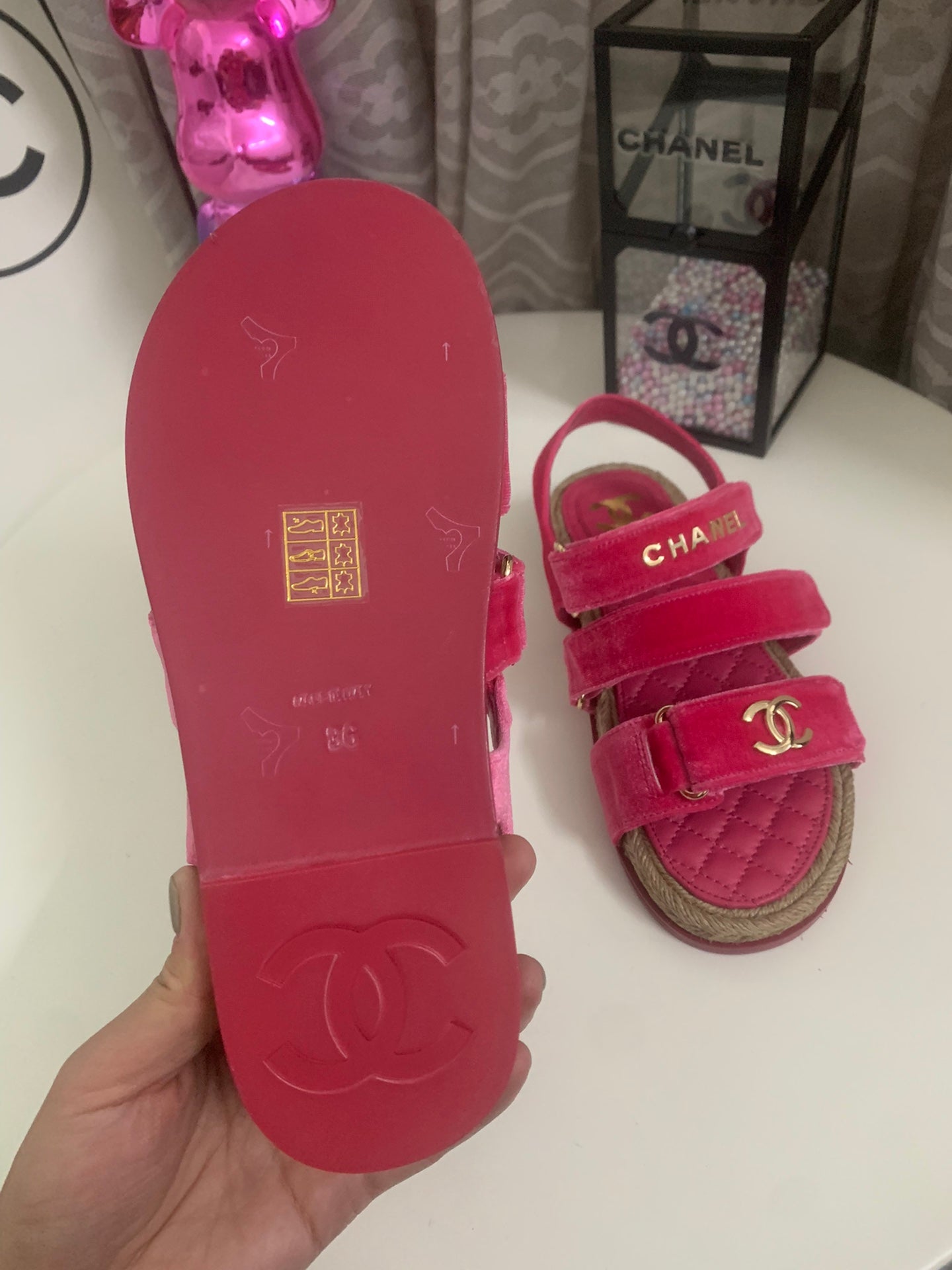 CC DAD SANDALS IN HOT PINK VELVET AND CALFSKIN - 35