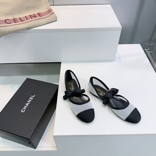 БАЛЕТКИ CHANEL МЕРІ ДЖЕЙН 25S БІЛО-ЧОРНА СІТКА З ТИСНЕНИМ ЛОГОТИПОМ ТА БАНТОМ – 35