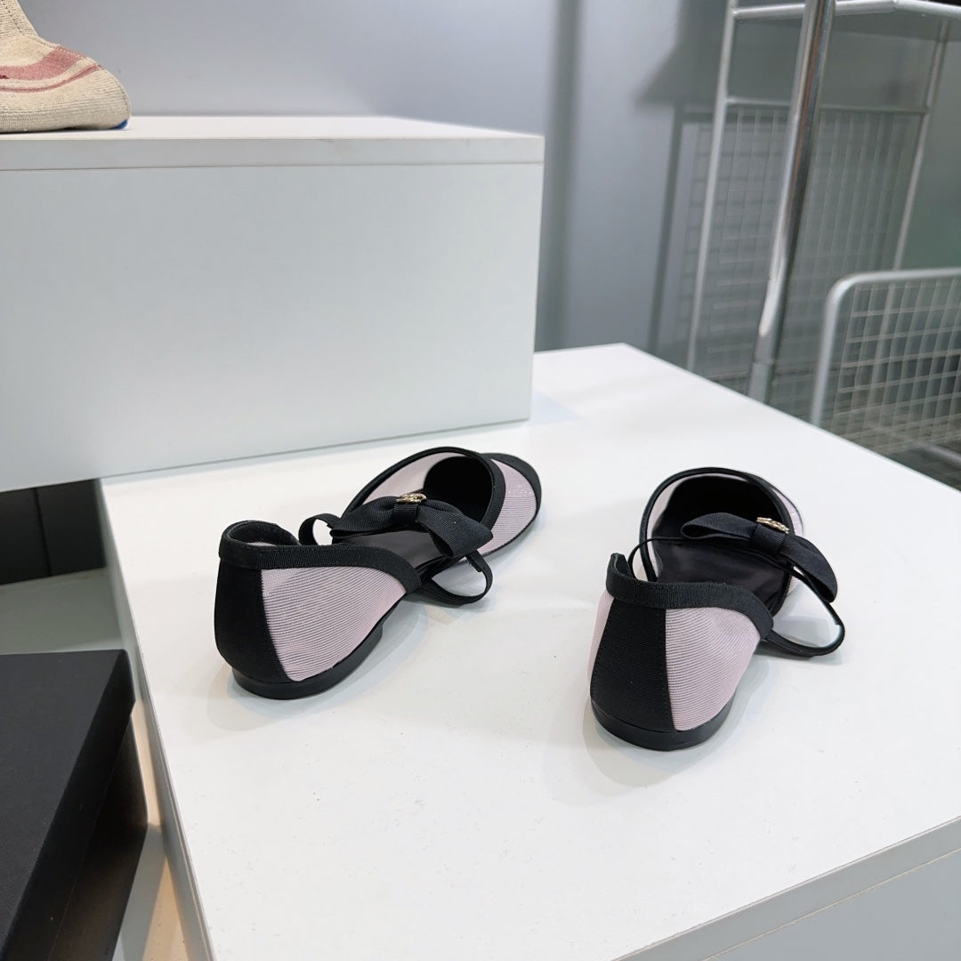 CHANEL FLAT MARY JANE SHOES 25S IN LIGHT PURPLE MIX BLACK MESH FABRIC EMBOSSED LOGO WITH BOW - 35