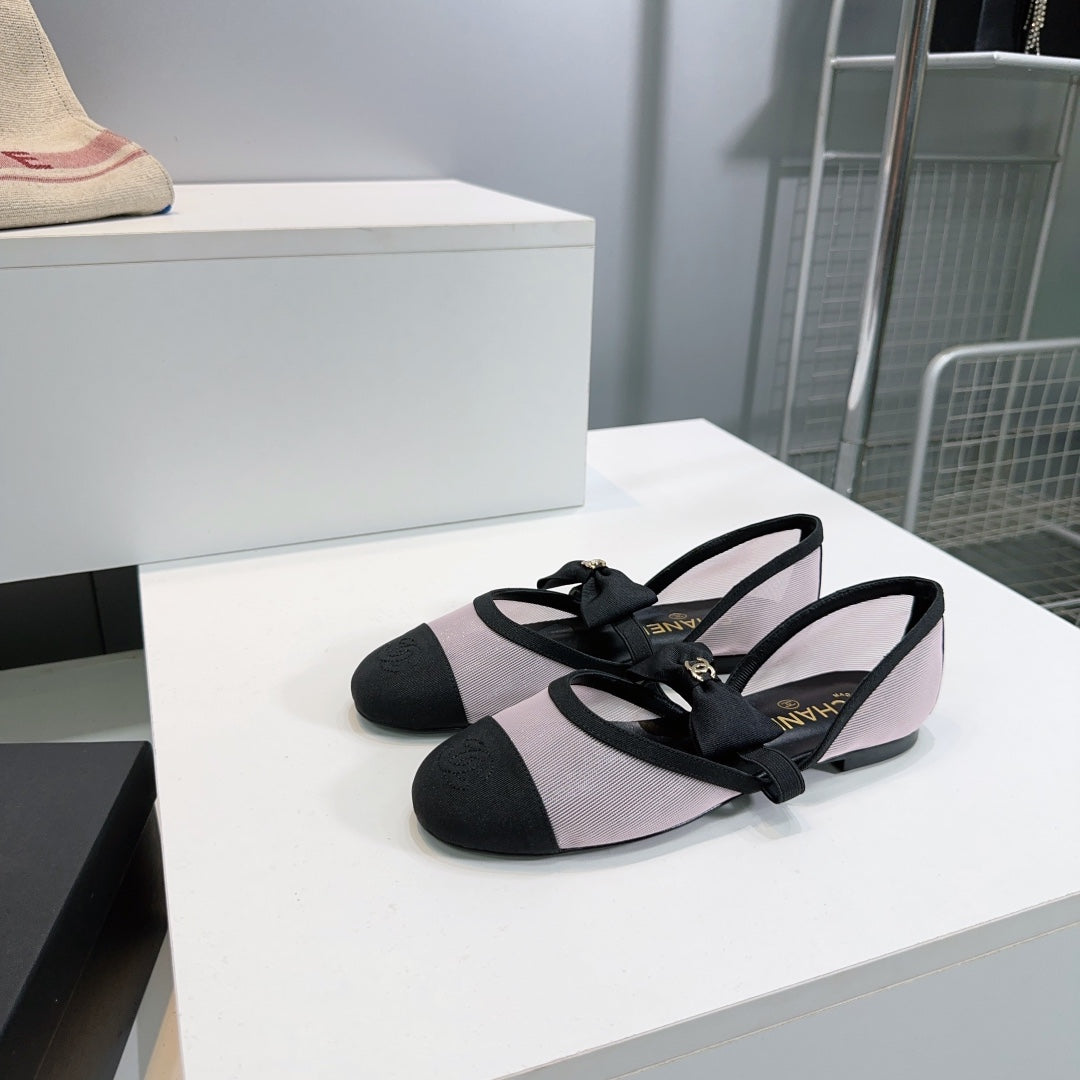 CHANEL FLAT MARY JANE SHOES 25S IN LIGHT PURPLE MIX BLACK MESH FABRIC EMBOSSED LOGO WITH BOW - 35