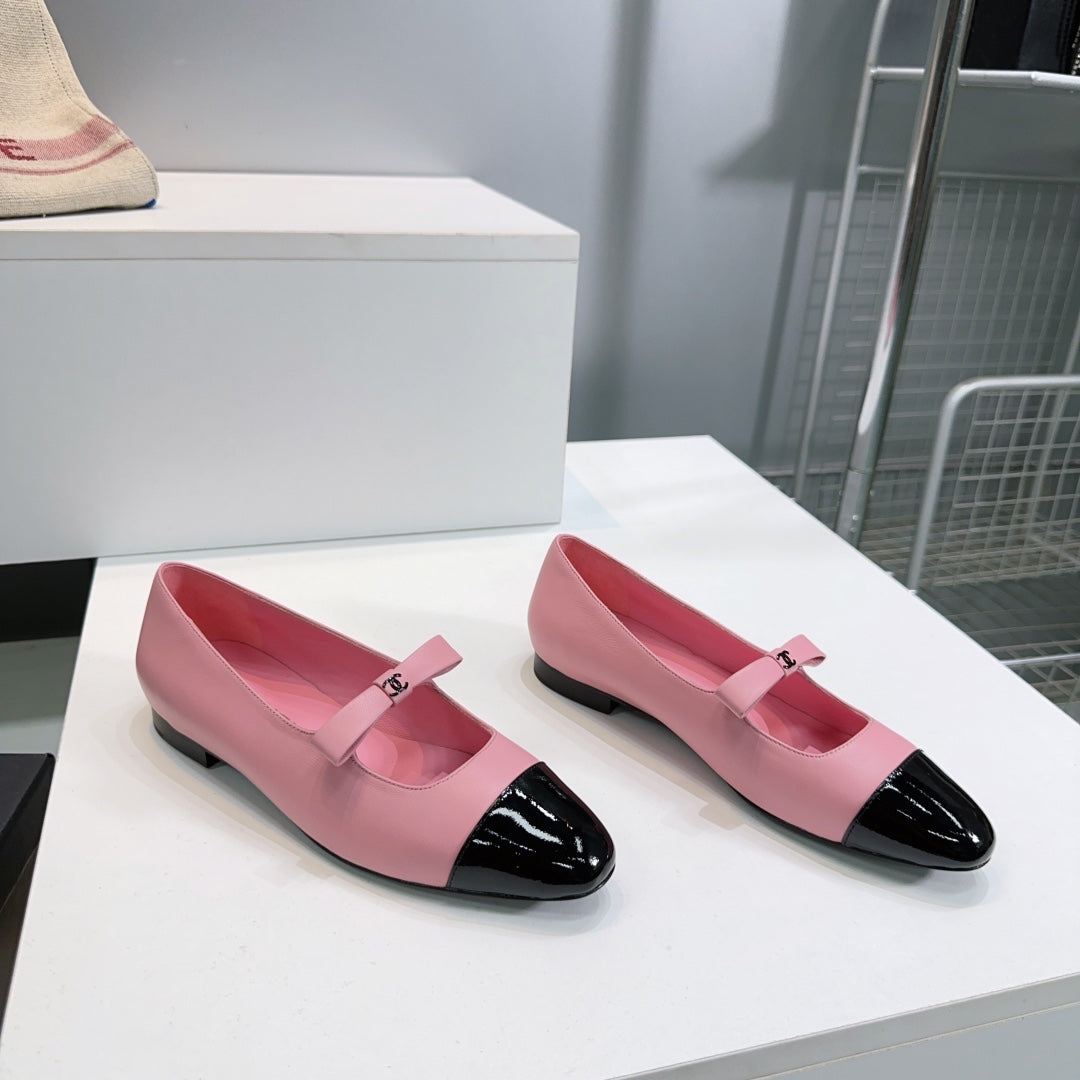 CHANEL FLAT MARY JANE SHOES 25S IN PINK LAMBSKIN MIX BLACK GLOSSY WITH BOW - 35