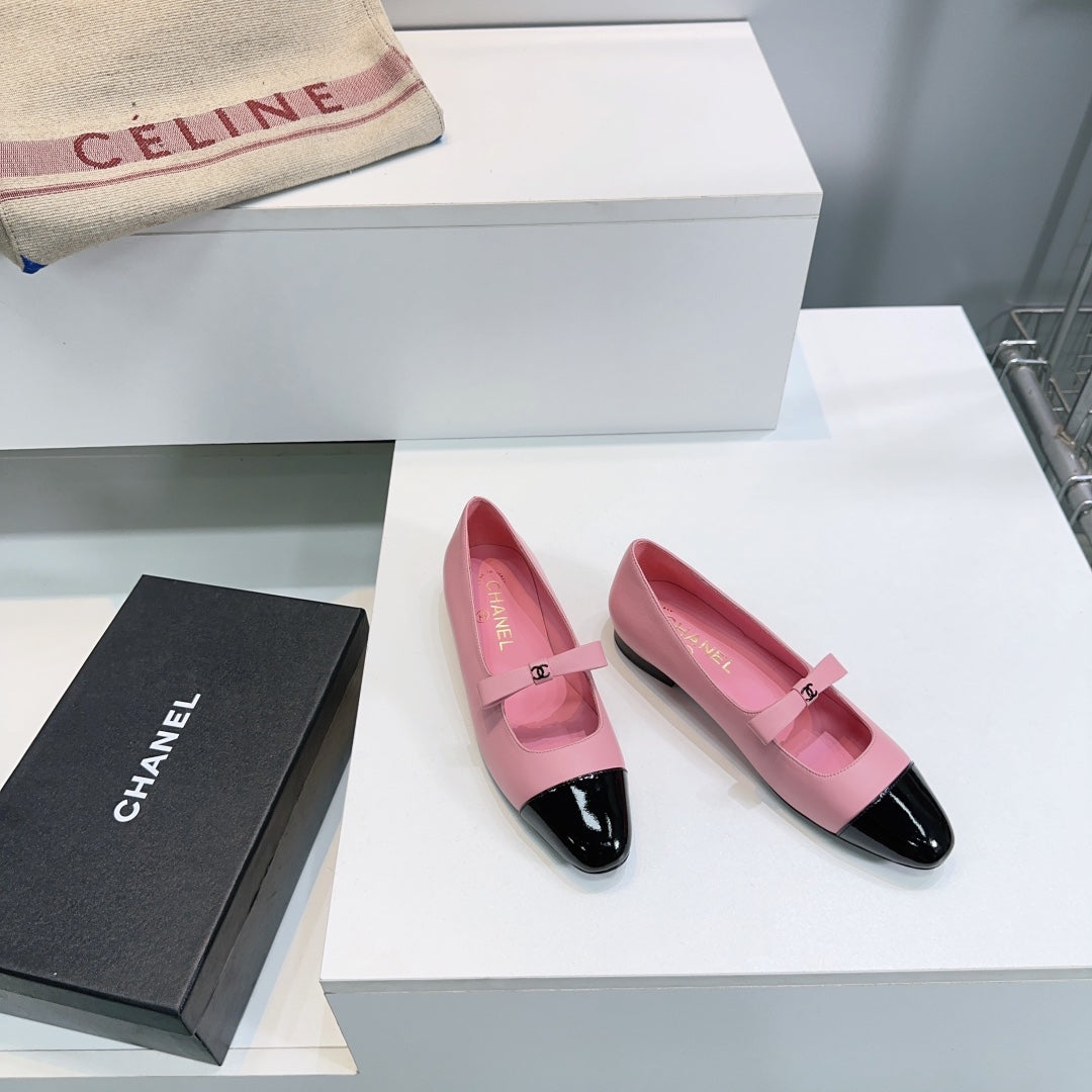 CHANEL FLAT MARY JANE SHOES 25S IN PINK LAMBSKIN MIX BLACK GLOSSY WITH BOW - 35