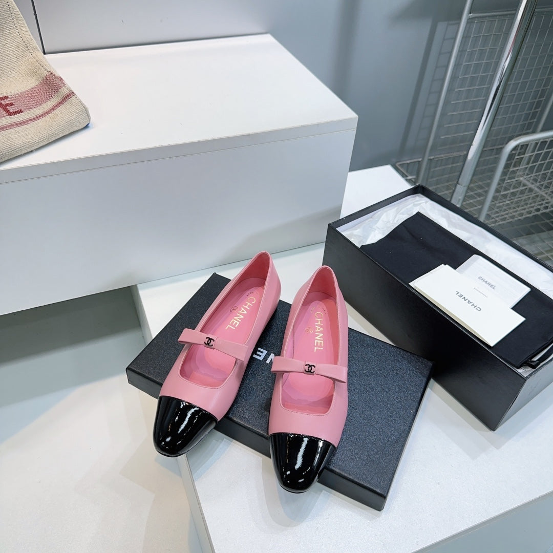 CHANEL FLAT MARY JANE SHOES 25S IN PINK LAMBSKIN MIX BLACK GLOSSY WITH BOW - 35