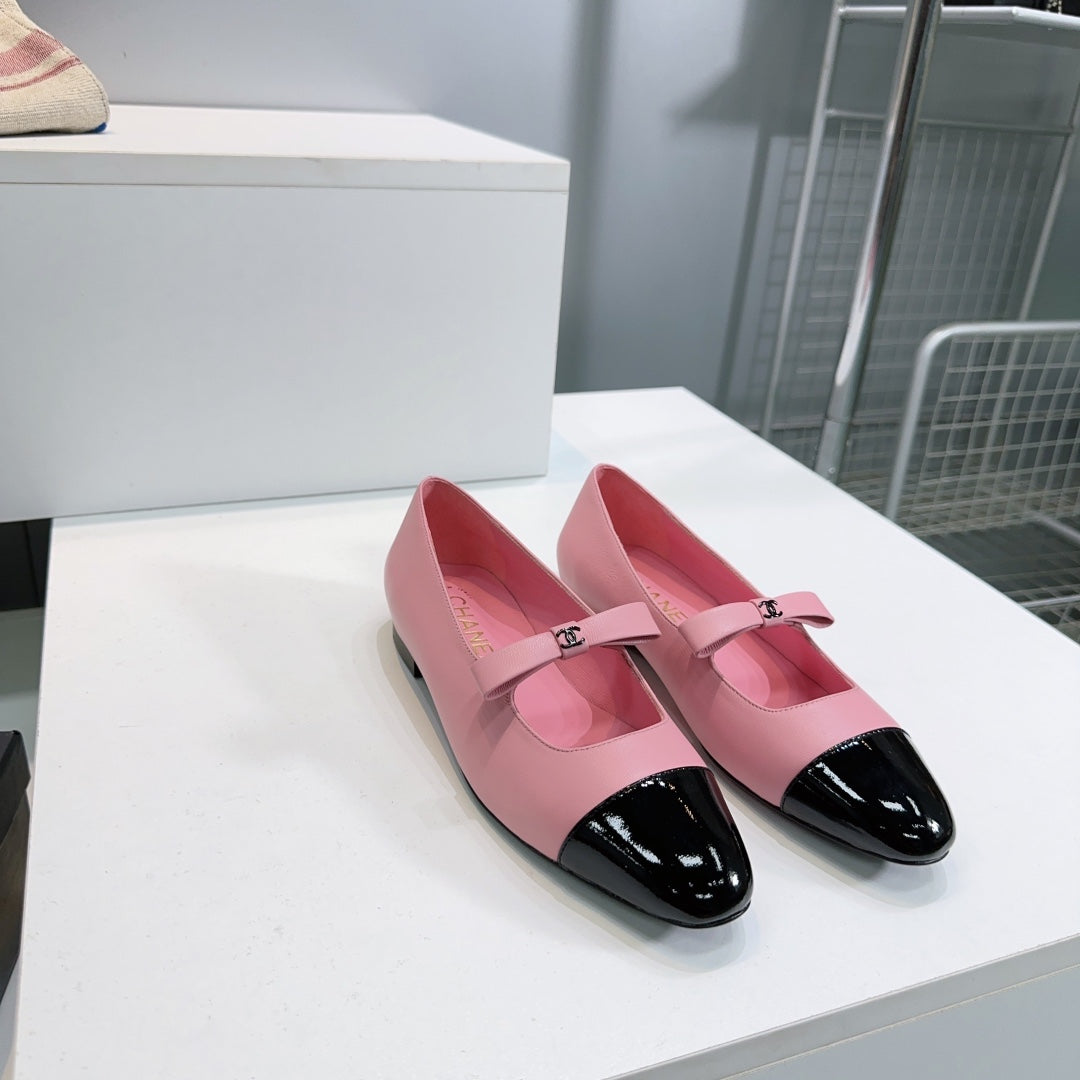CHANEL FLAT MARY JANE SHOES 25S IN PINK LAMBSKIN MIX BLACK GLOSSY WITH BOW - 35