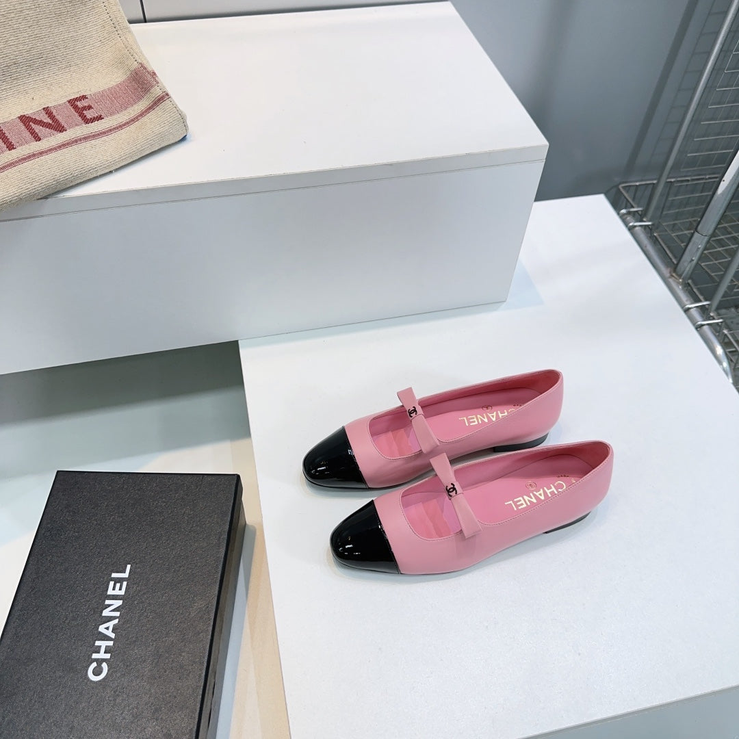 CHANEL FLAT MARY JANE SHOES 25S IN PINK LAMBSKIN MIX BLACK GLOSSY WITH BOW - 35