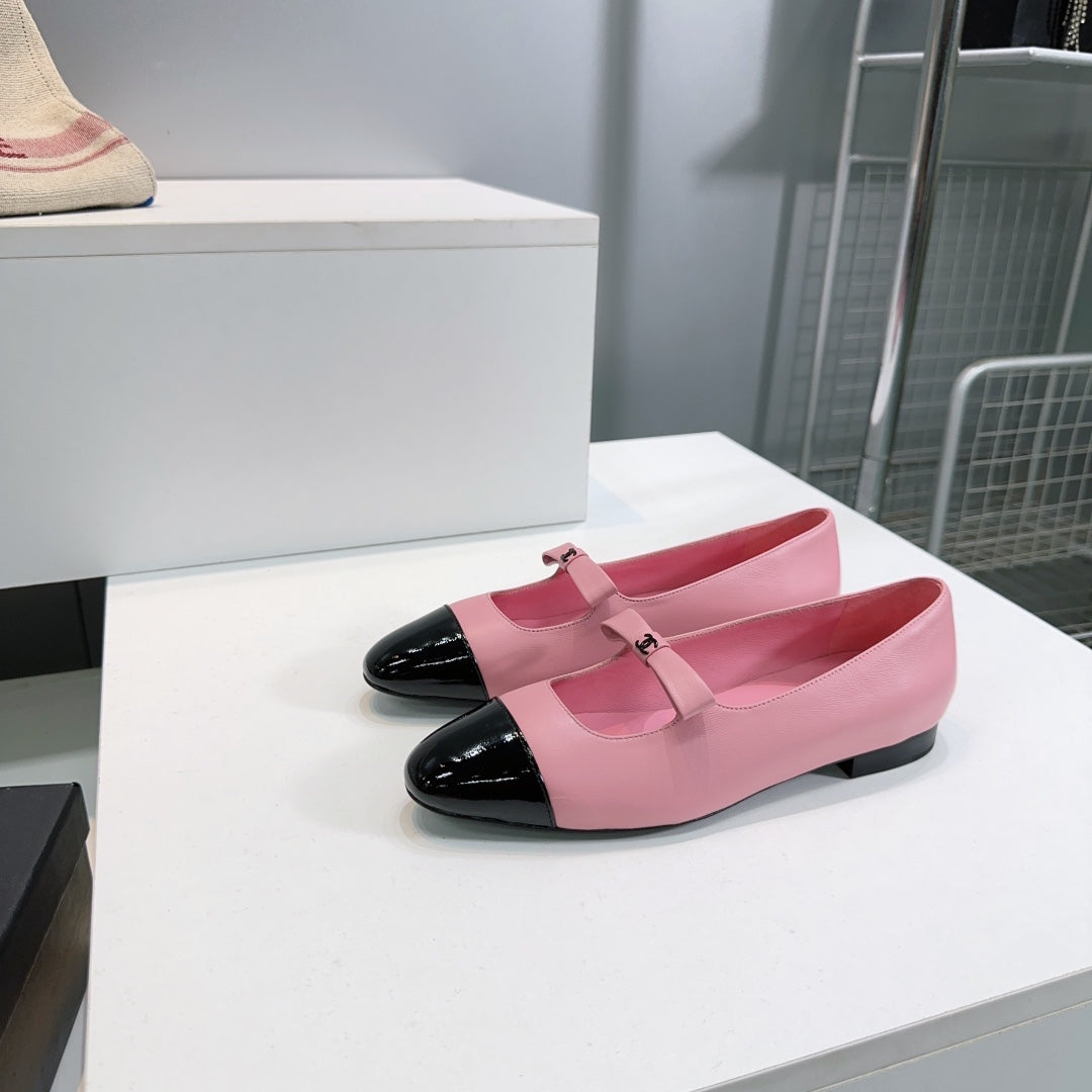 CHANEL FLAT MARY JANE SHOES 25S IN PINK LAMBSKIN MIX BLACK GLOSSY WITH BOW - 35