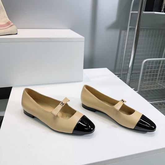 CHANEL FLAT MARY JANE SHOES 25S IN BEIGE LAMBSKIN MIX BLACK GLOSSY WITH BOW - 35
