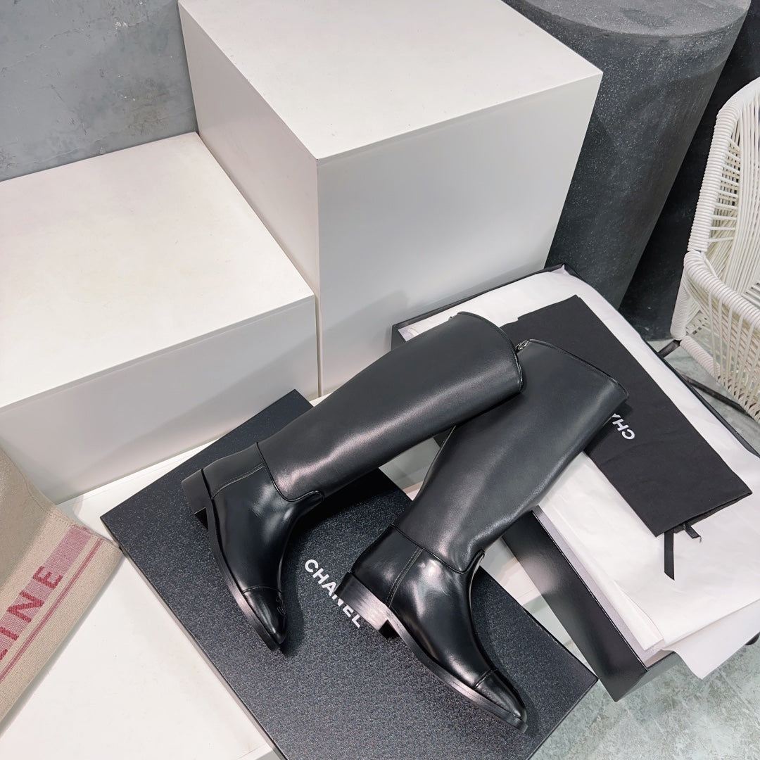 CHANEL KNEE-HIGH ZIPPER BOOTS 25S 25 MM IN BLACK LAMBSKIN - 35