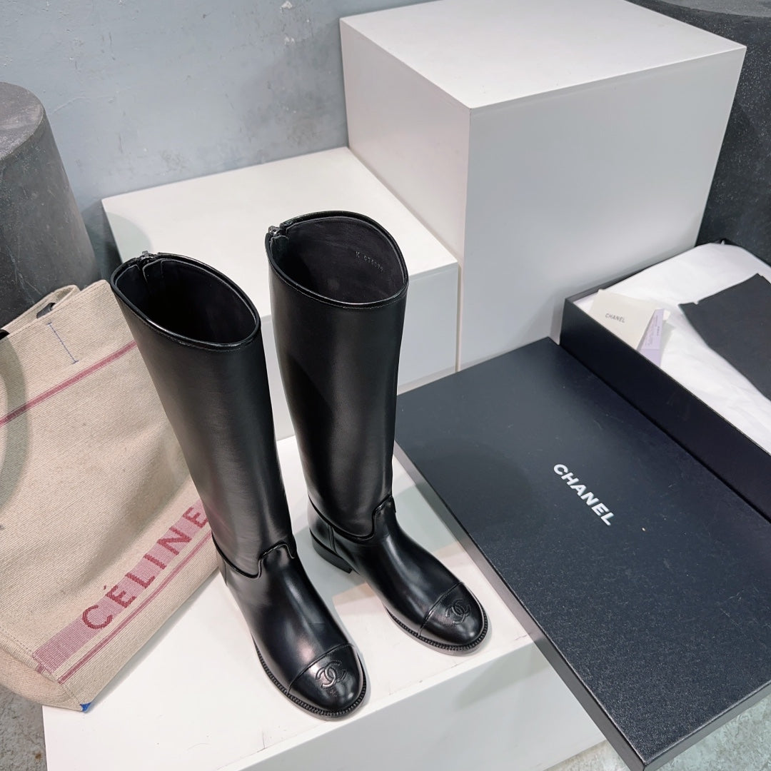 CHANEL KNEE-HIGH ZIPPER BOOTS 25S 25 MM IN BLACK LAMBSKIN - 35