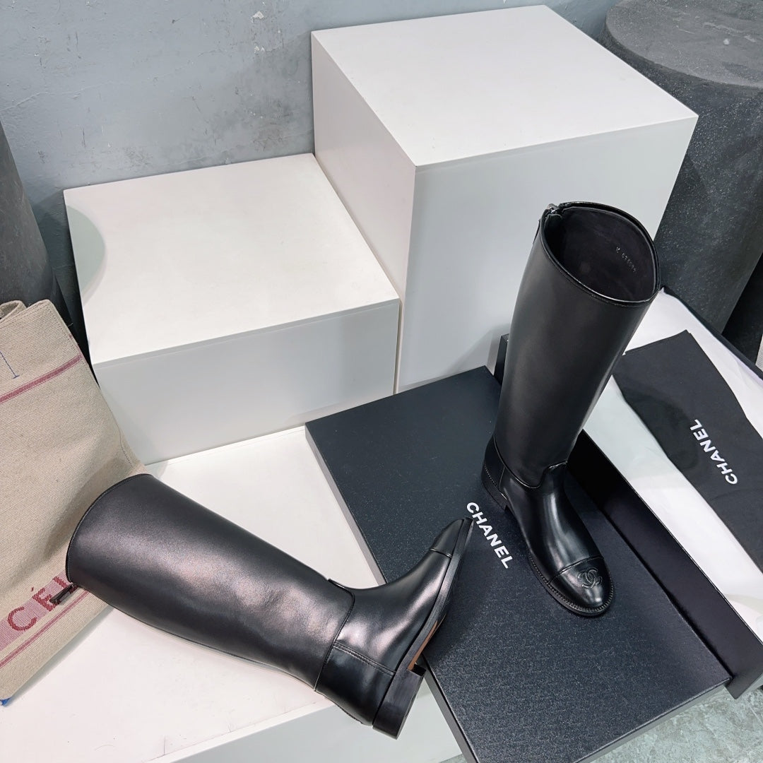 CHANEL KNEE-HIGH ZIPPER BOOTS 25S 25 MM IN BLACK LAMBSKIN - 35