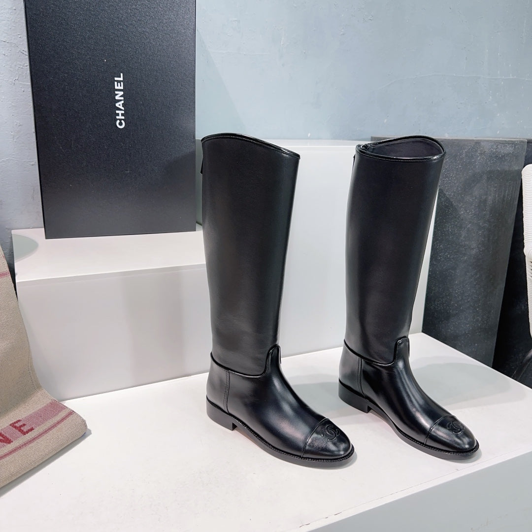 CHANEL KNEE-HIGH ZIPPER BOOTS 25S 25 MM IN BLACK LAMBSKIN - 35