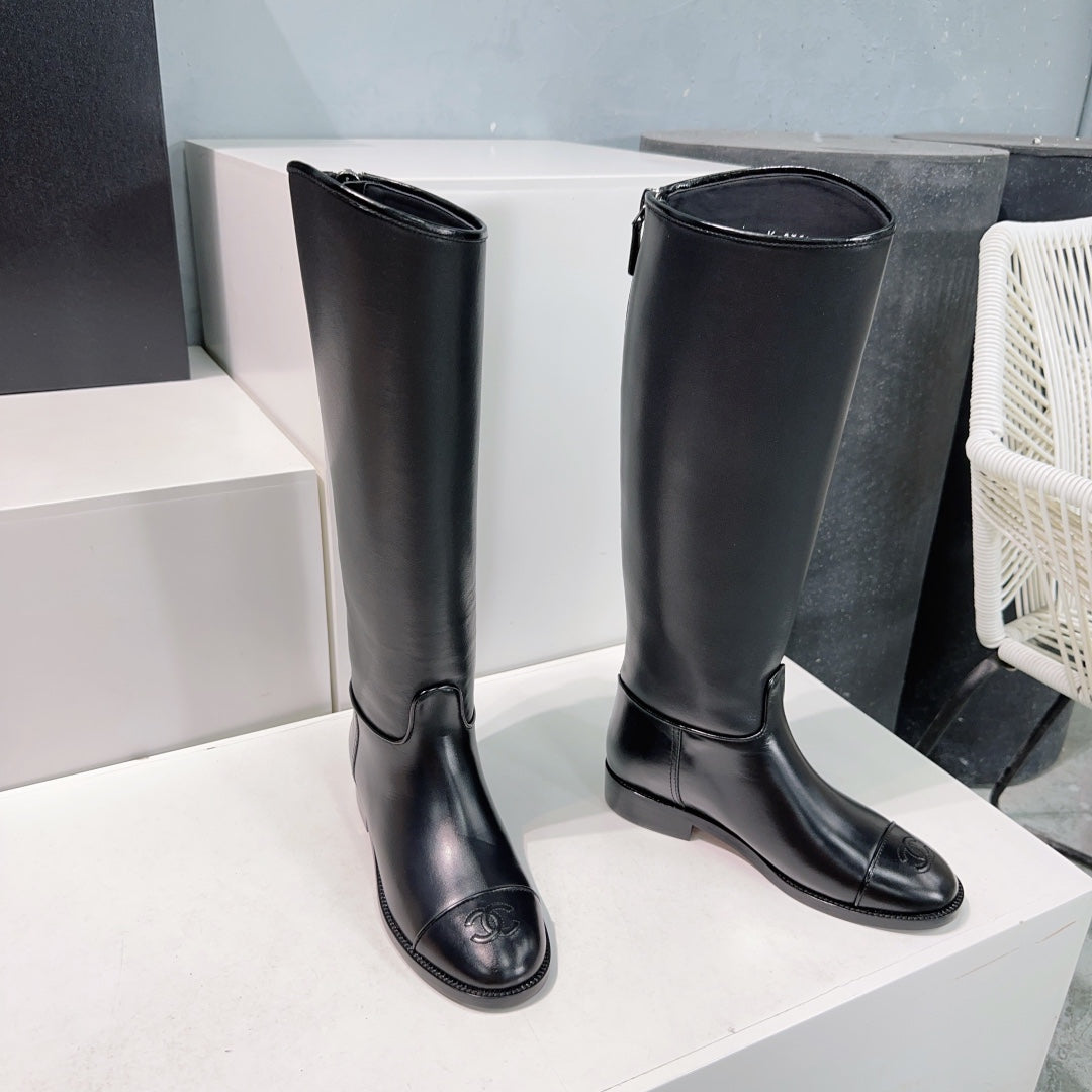 CHANEL KNEE-HIGH ZIPPER BOOTS 25S 25 MM IN BLACK LAMBSKIN - 35