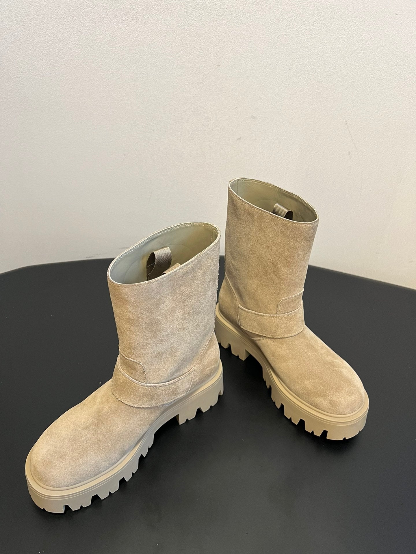 PRADA 25S PLATFORM ANKLE BOOTS IN BEIGE SUEDE WITH GOLD HARDWARE - 35