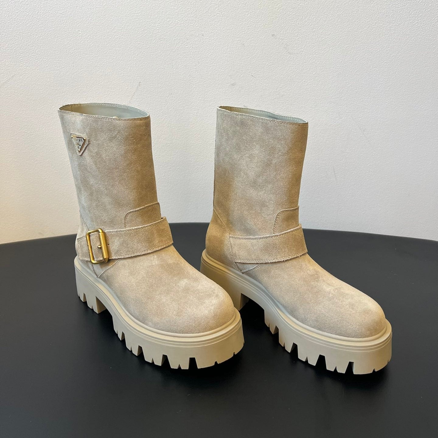 PRADA 25S PLATFORM ANKLE BOOTS IN BEIGE SUEDE WITH GOLD HARDWARE - 35