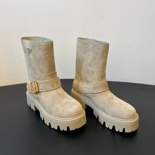 PRADA 25S PLATFORM ANKLE BOOTS IN BEIGE SUEDE WITH GOLD HARDWARE - 35