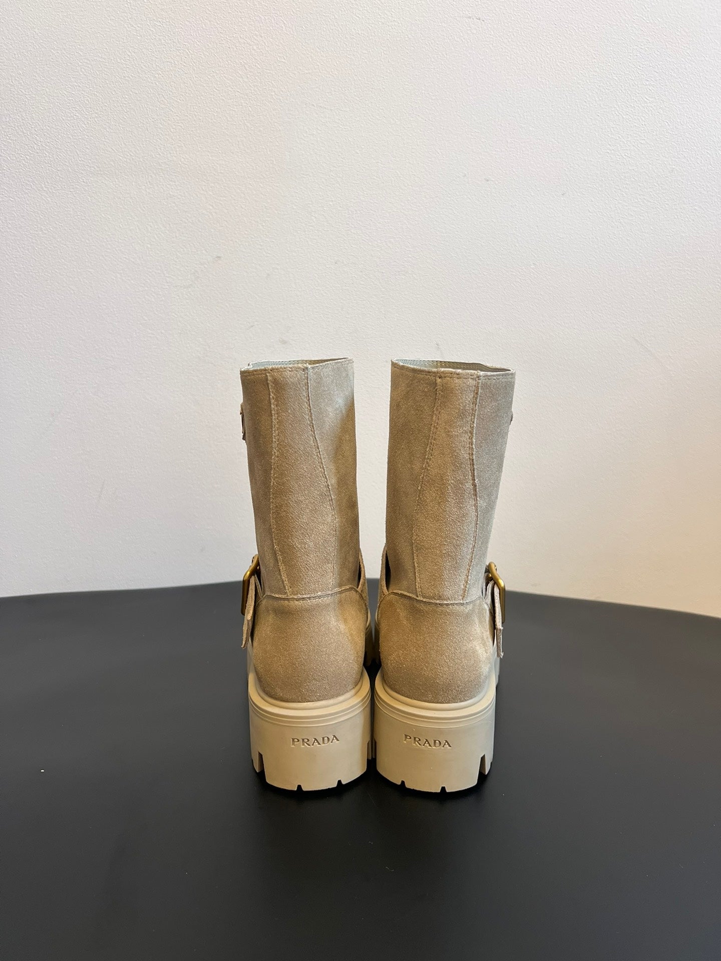 PRADA 25S PLATFORM ANKLE BOOTS IN BEIGE SUEDE WITH GOLD HARDWARE - 35