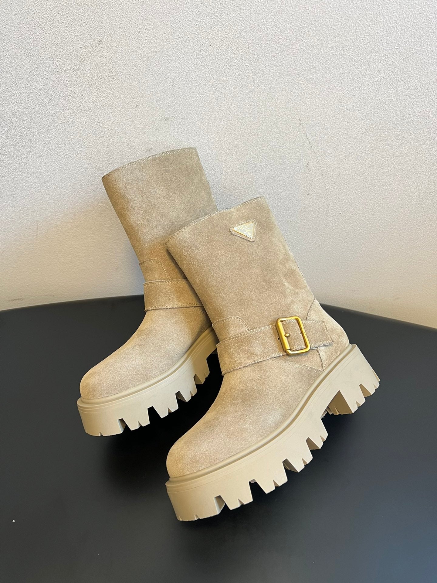 PRADA 25S PLATFORM ANKLE BOOTS IN BEIGE SUEDE WITH GOLD HARDWARE - 35