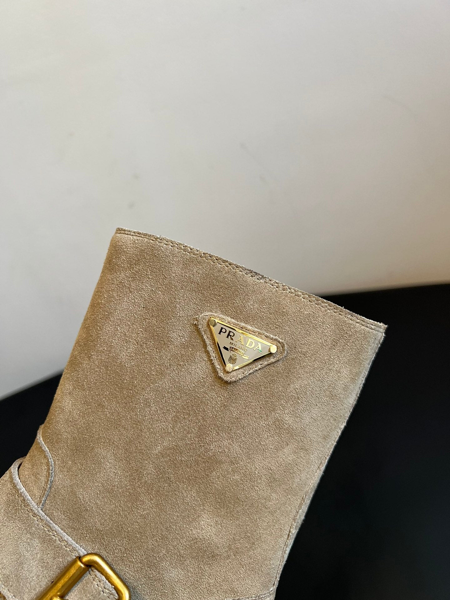 PRADA 25S PLATFORM ANKLE BOOTS IN BEIGE SUEDE WITH GOLD HARDWARE - 35