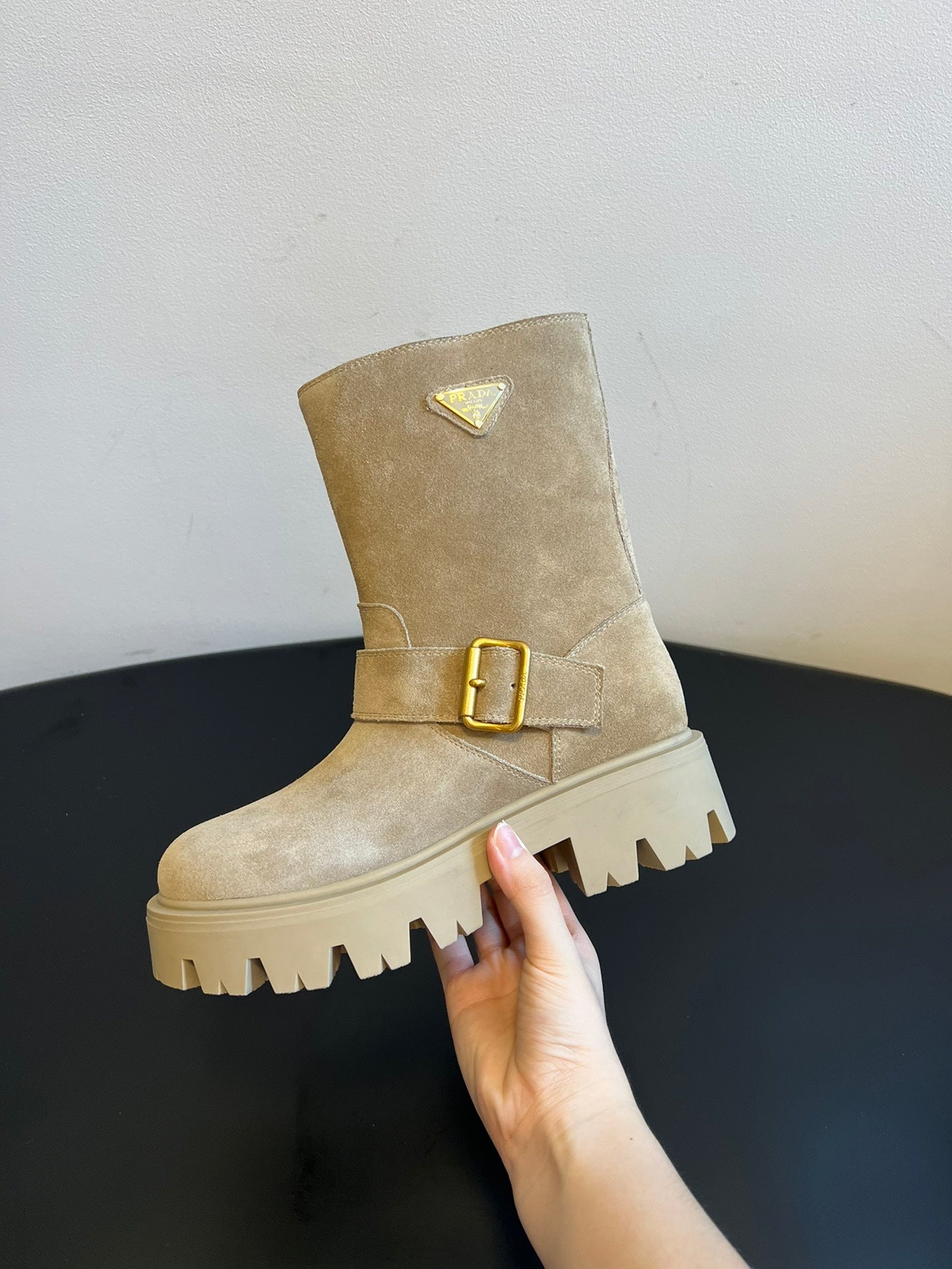 PRADA 25S PLATFORM ANKLE BOOTS IN BEIGE SUEDE WITH GOLD HARDWARE - 35