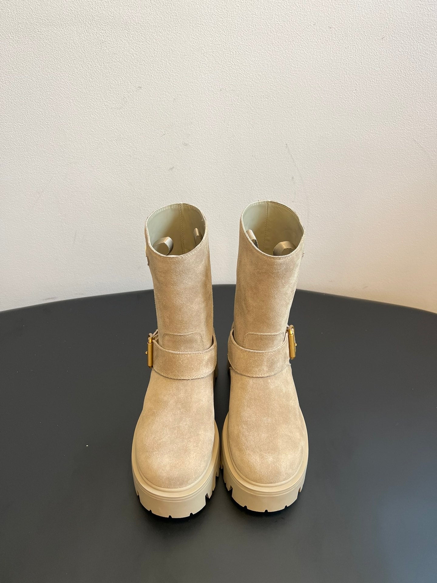 PRADA 25S PLATFORM ANKLE BOOTS IN BEIGE SUEDE WITH GOLD HARDWARE - 35