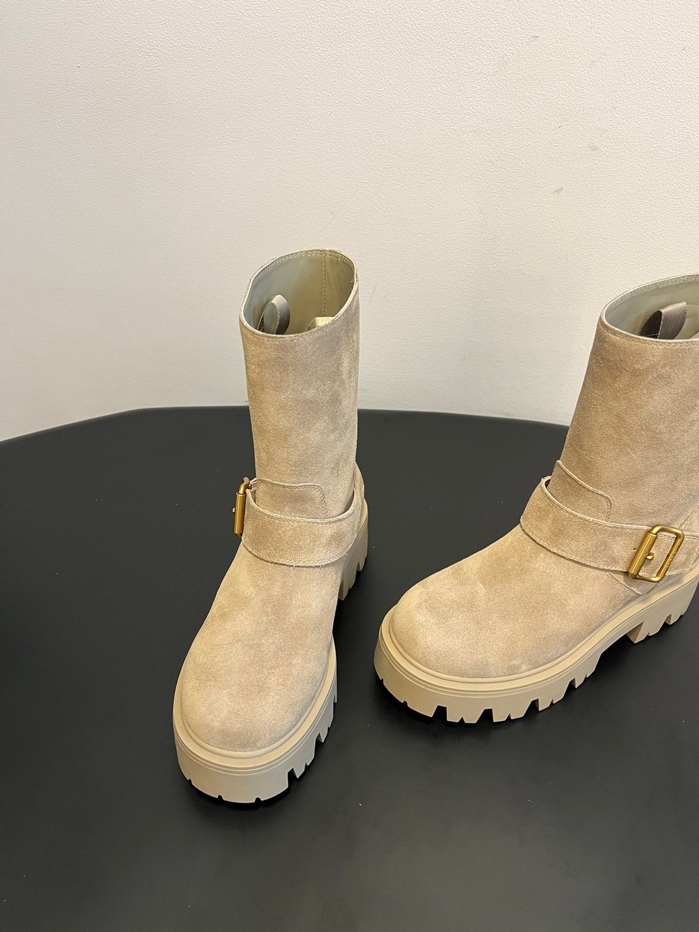 PRADA 25S PLATFORM ANKLE BOOTS IN BEIGE SUEDE WITH GOLD HARDWARE - 35