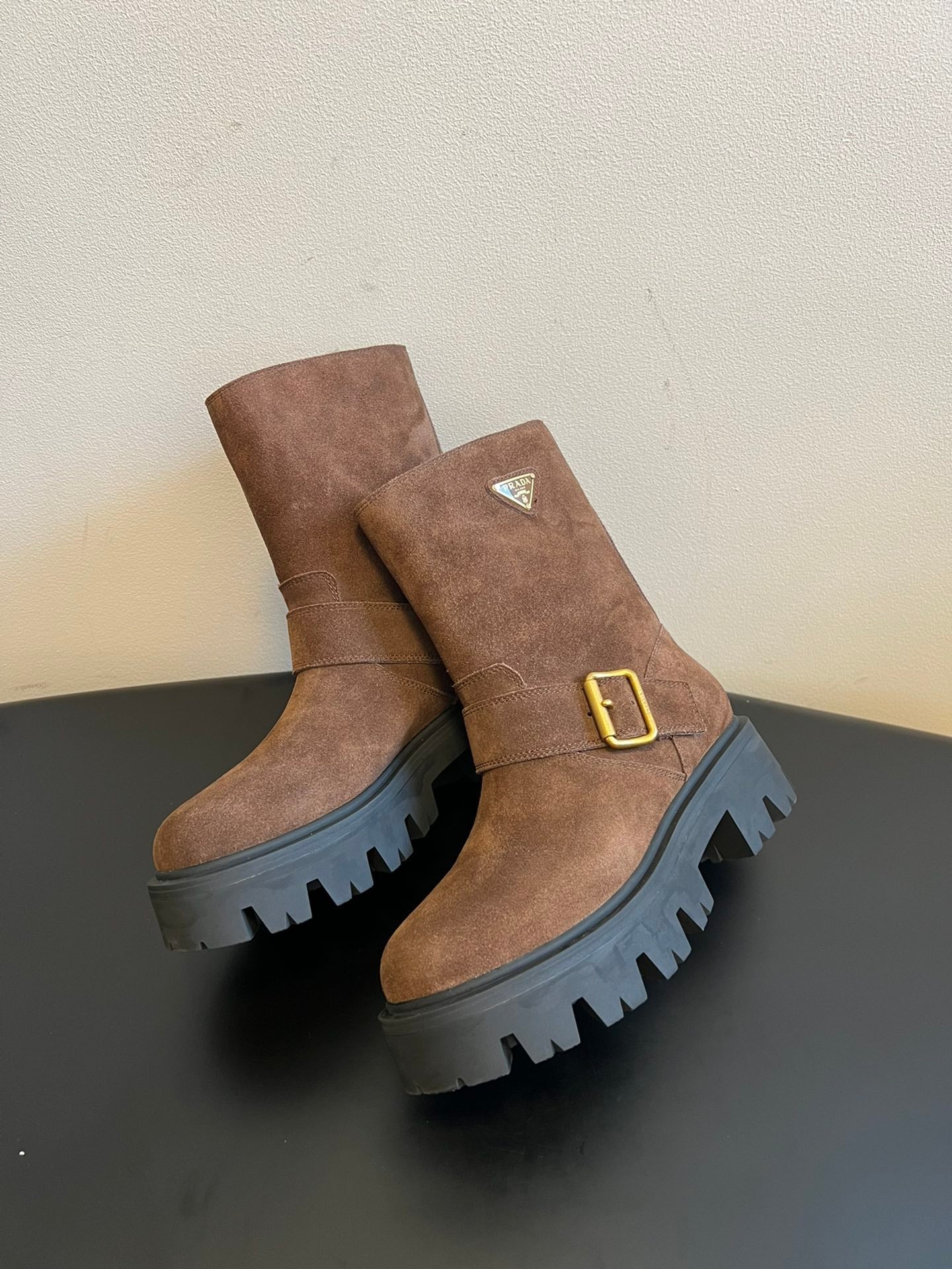 PRADA 25S PLATFORM ANKLE BOOTS IN BROWN SUEDE WITH GOLD HARDWARE - 35